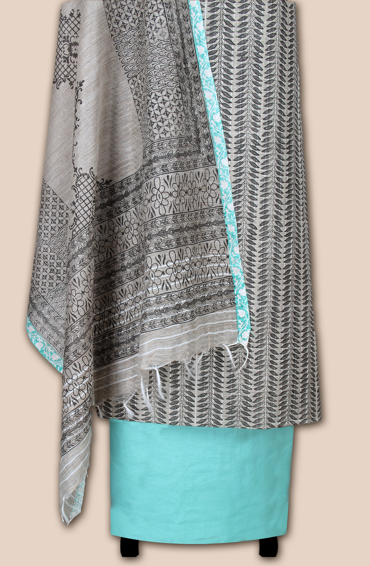 Grey and Sea Green Chanderi Unstitched Salwar Suit - SVACHN12357A