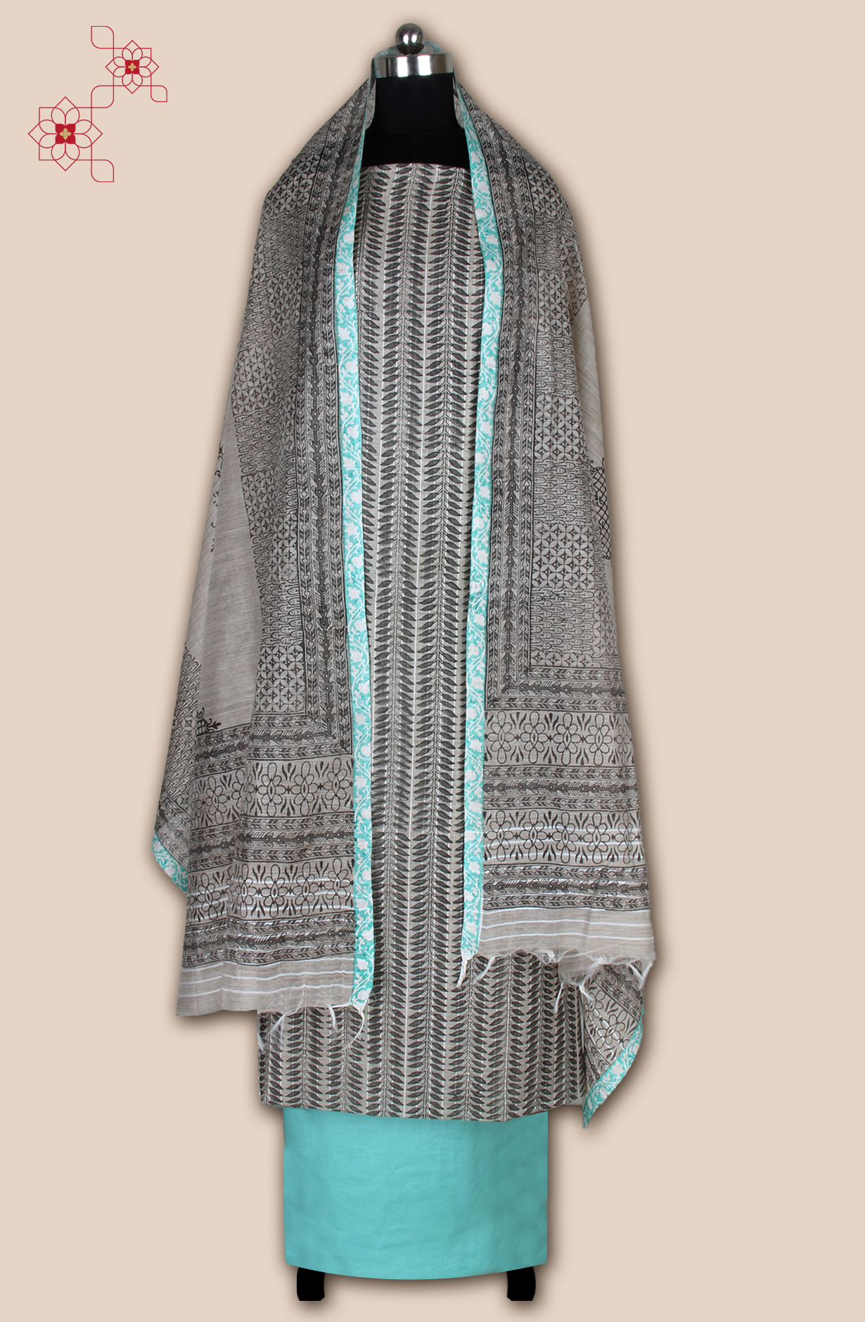 Grey and Sea Green Chanderi Unstitched Salwar Suit - SVACHN12357A