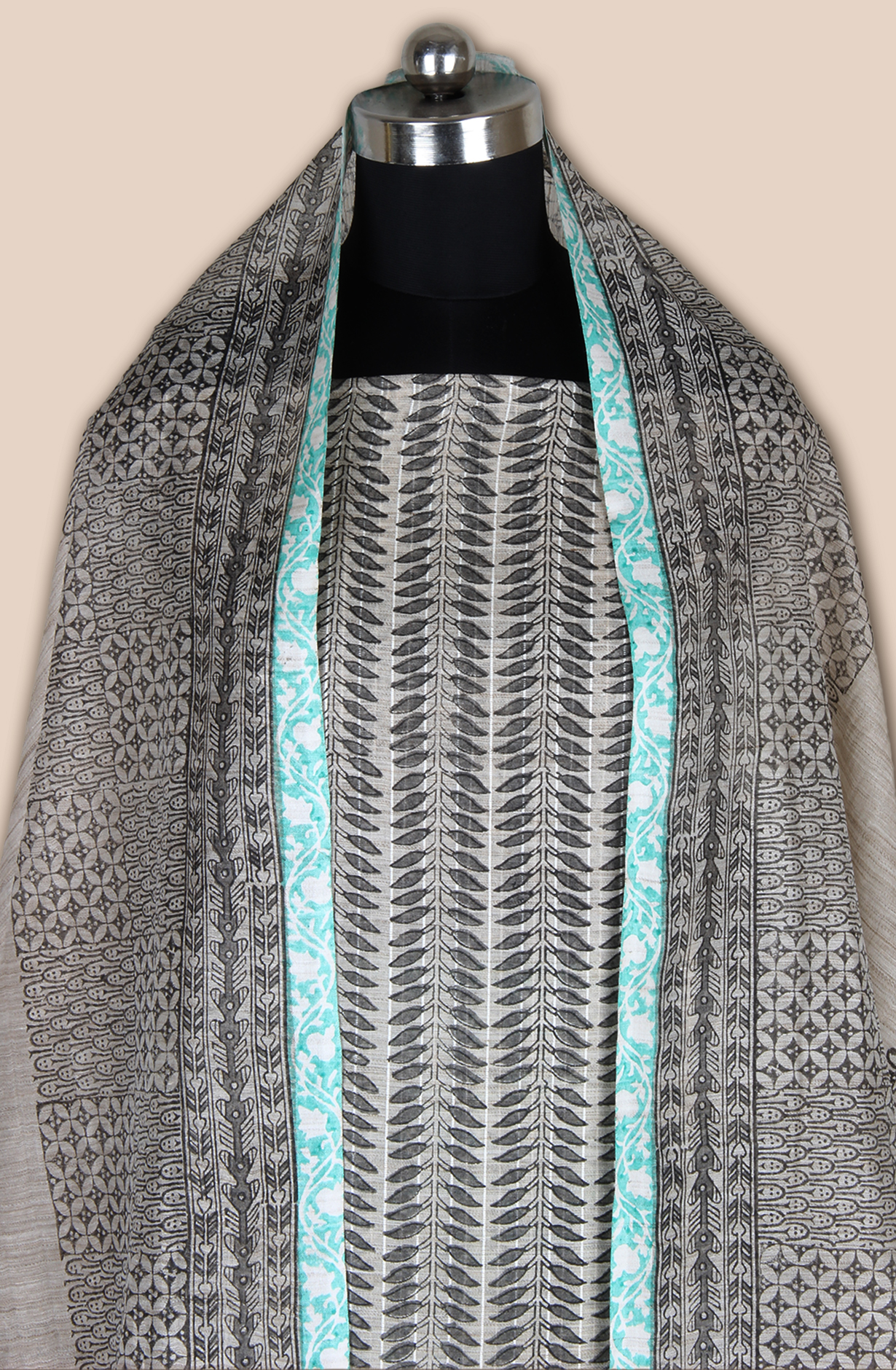 Grey and Sea Green Chanderi Unstitched Salwar Suit - SVACHN12357A