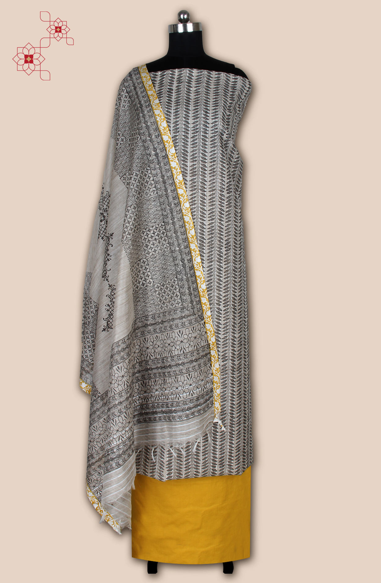 Grey and Mustard Chanderi Unstitched Salwar Suit - SVACHN12357B