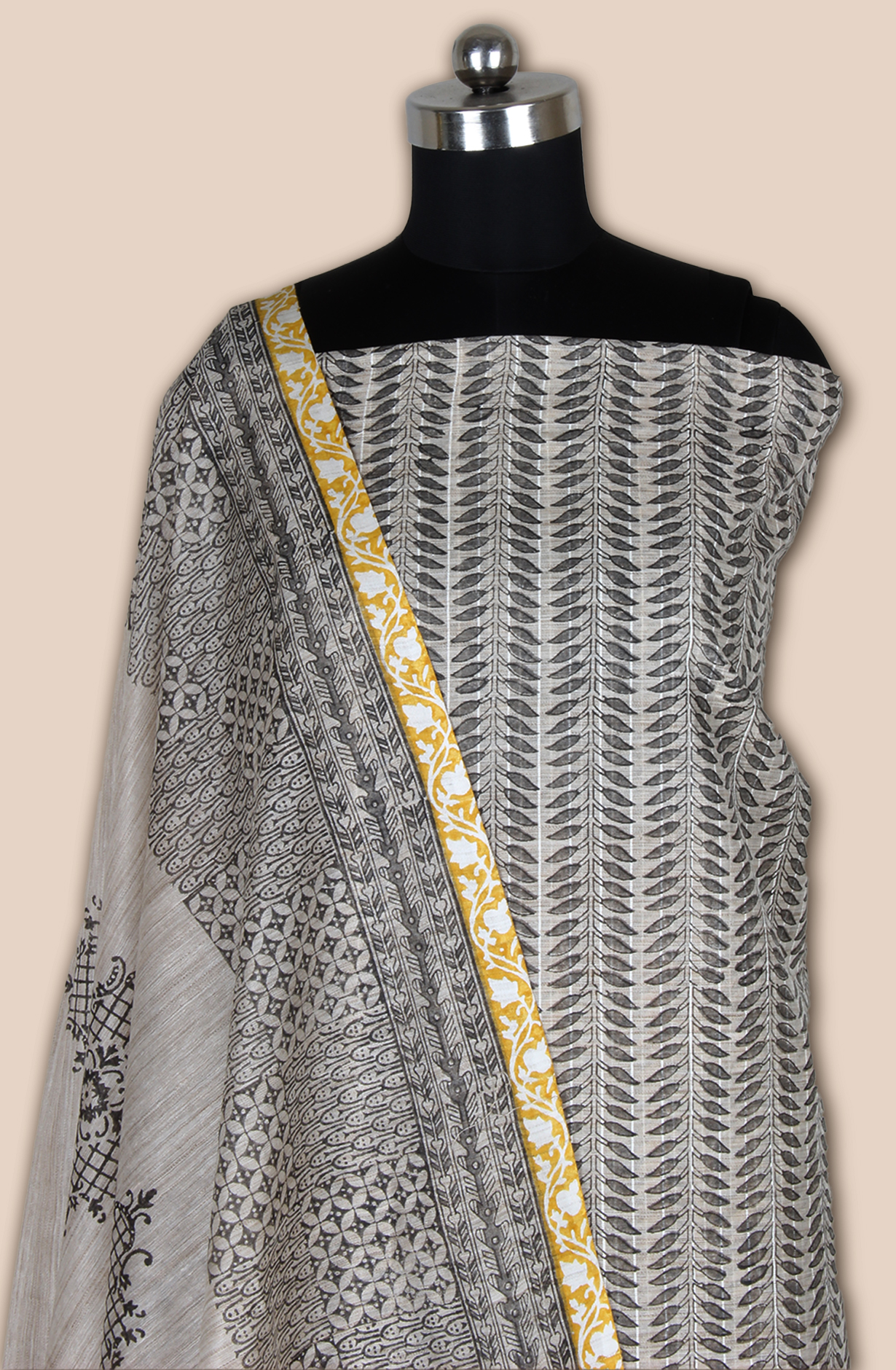 Grey and Mustard Chanderi Unstitched Salwar Suit - SVACHN12357B
