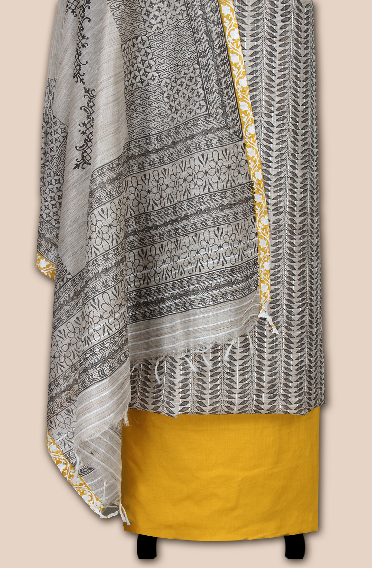 Grey and Mustard Chanderi Unstitched Salwar Suit - SVACHN12357B