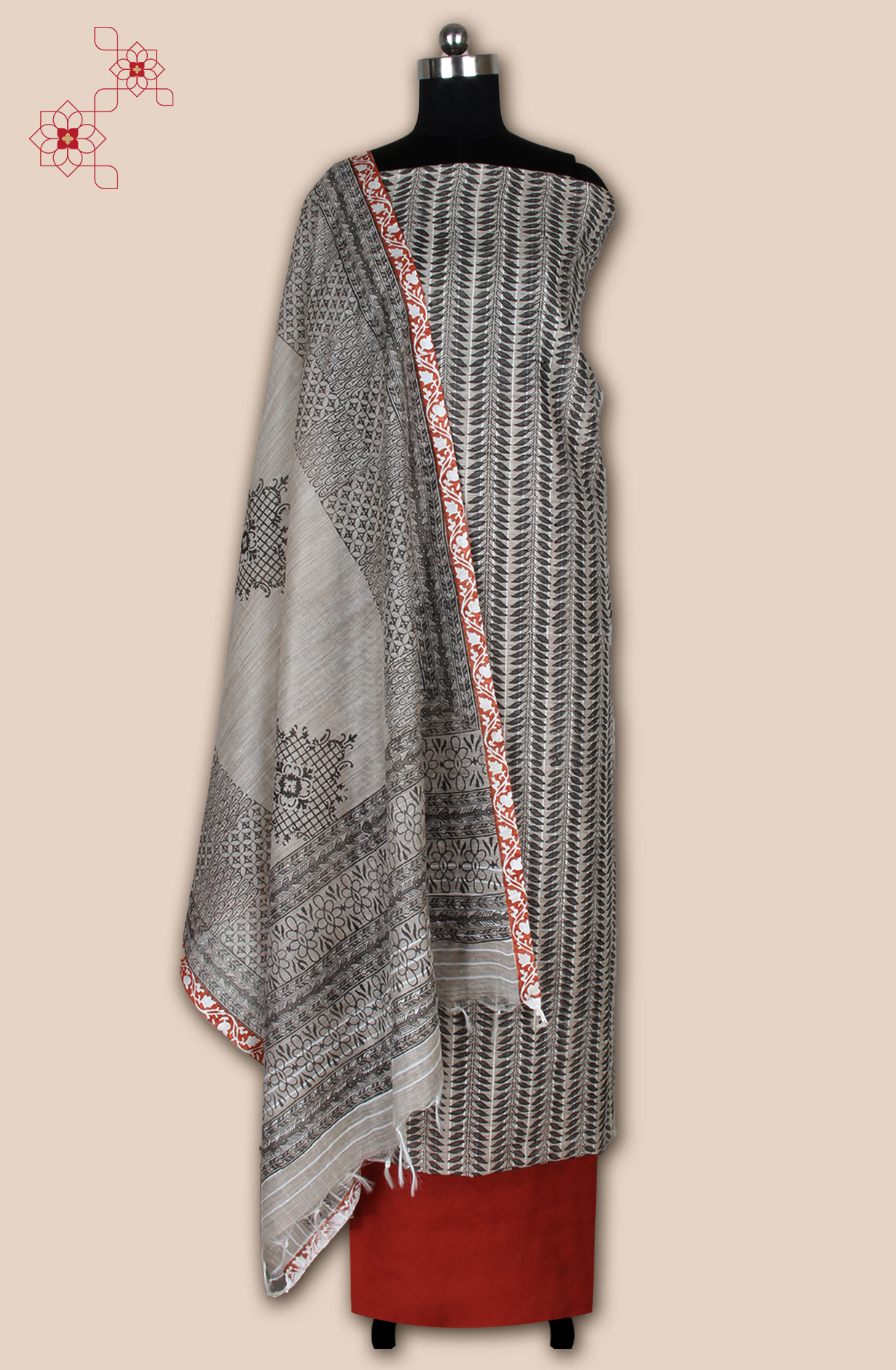 Grey and Rust Chanderi Unstitched Salwar Suit - SVACHN12357C