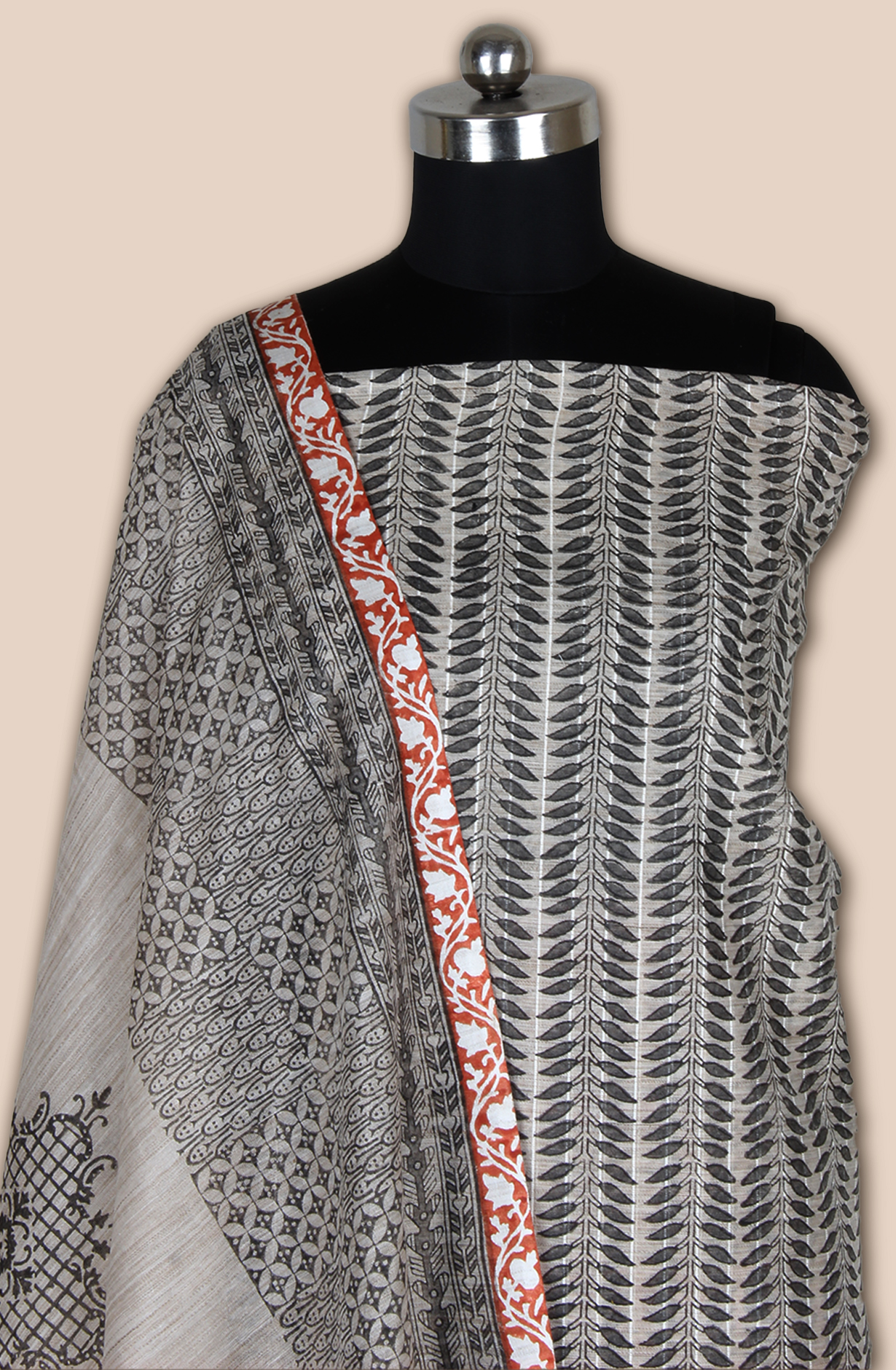 Grey and Rust Chanderi Unstitched Salwar Suit - SVACHN12357C