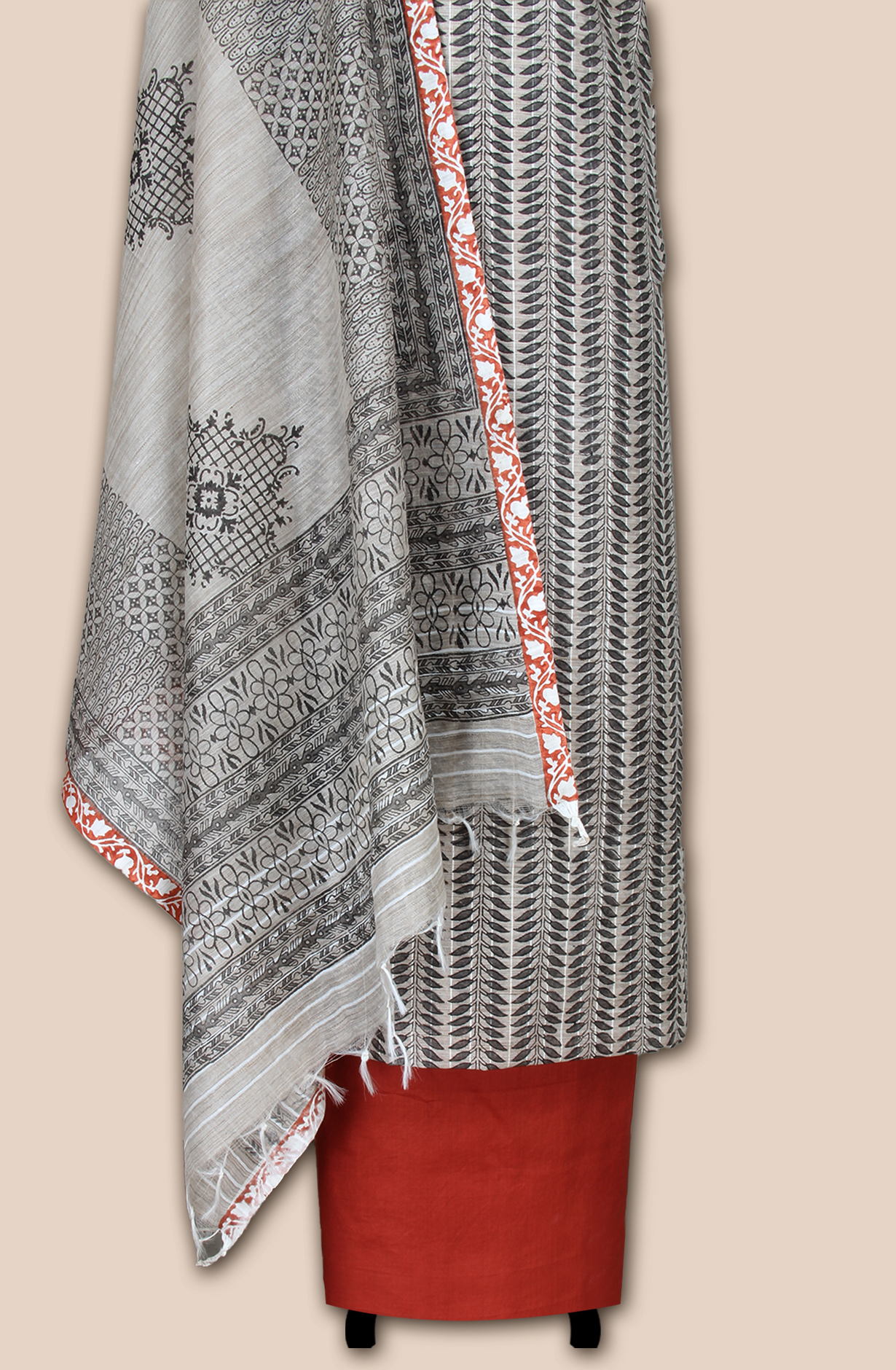 Grey and Rust Chanderi Unstitched Salwar Suit - SVACHN12357C