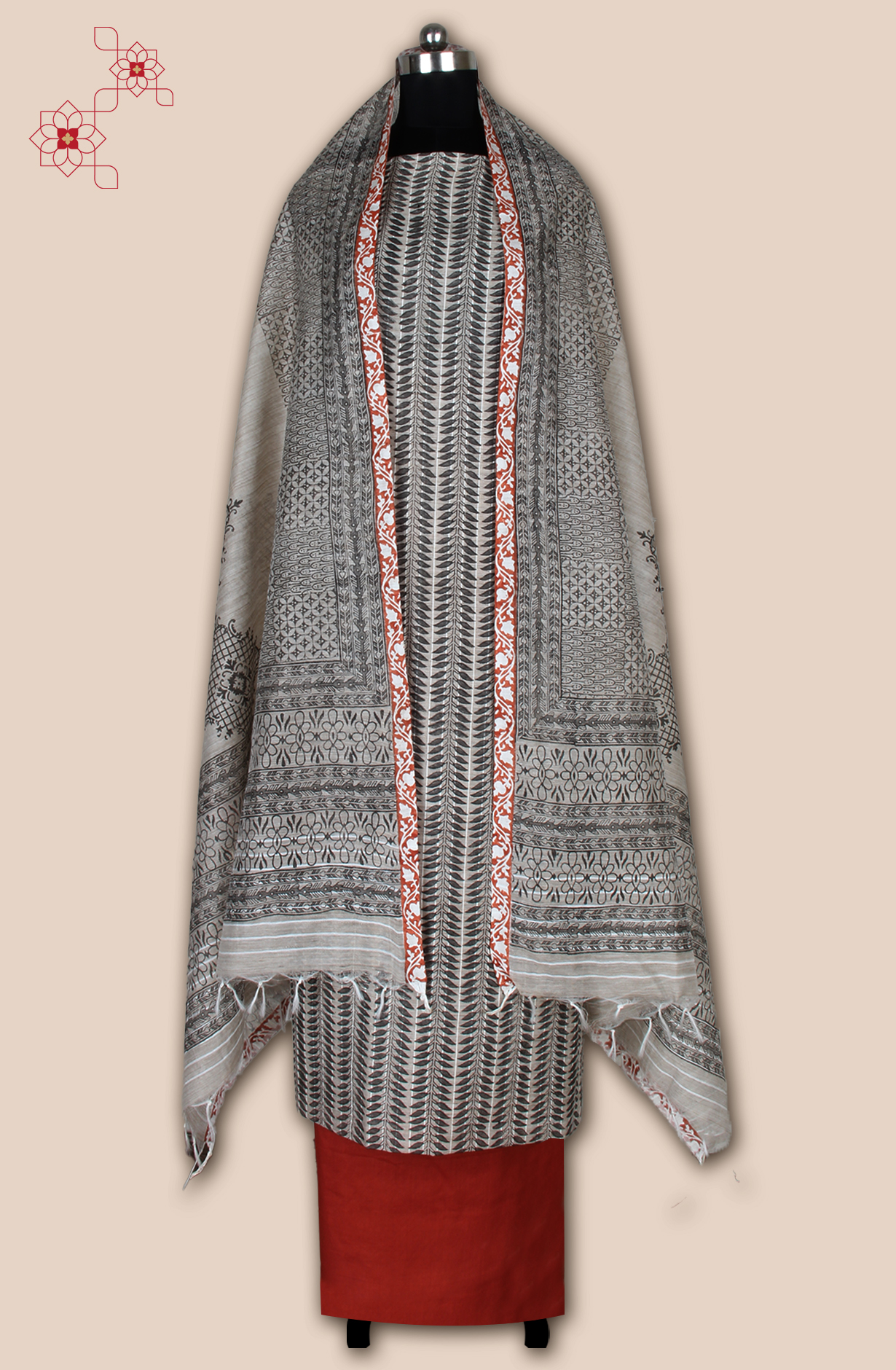 Grey and Rust Chanderi Unstitched Salwar Suit - SVACHN12357C