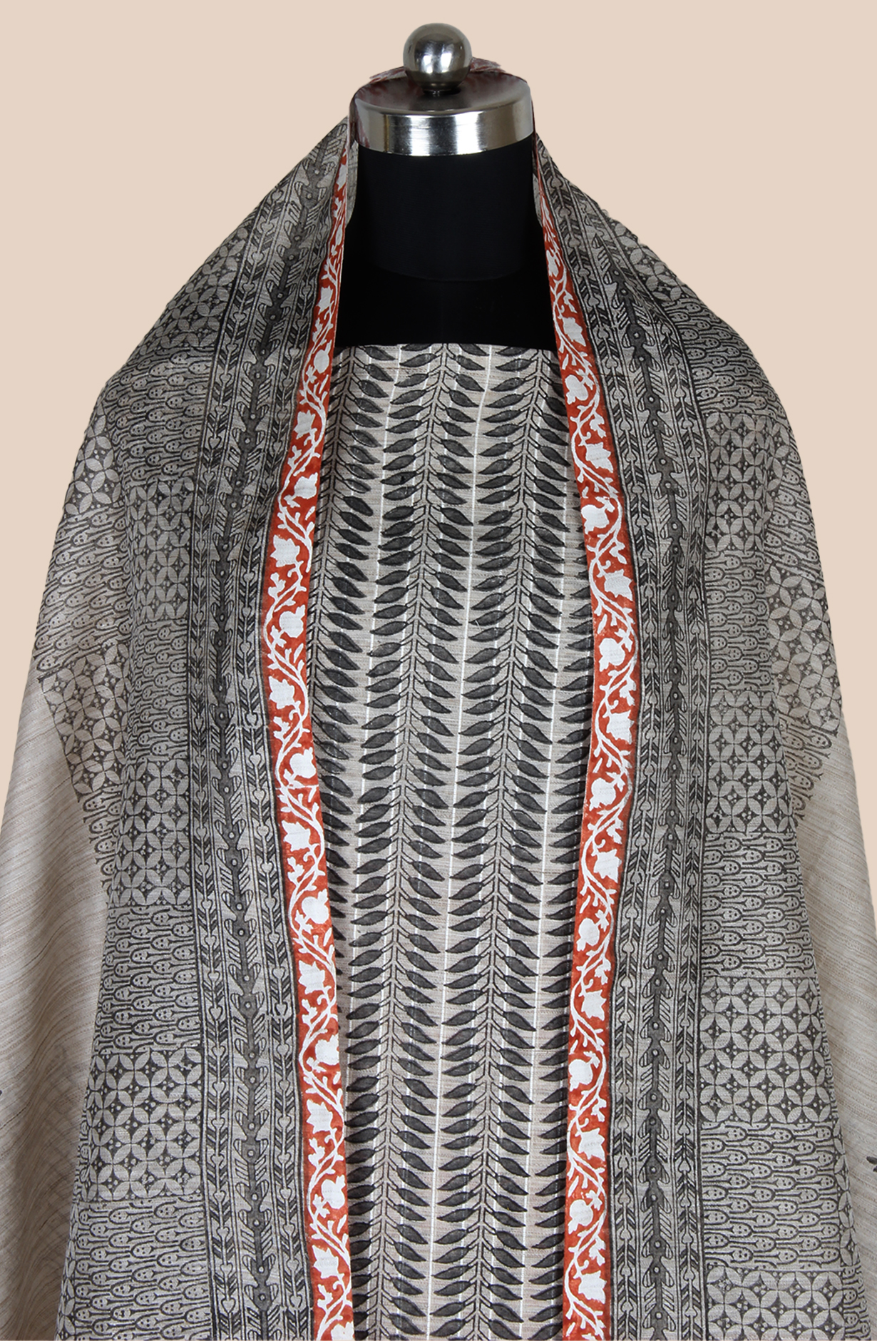 Grey and Rust Chanderi Unstitched Salwar Suit - SVACHN12357C