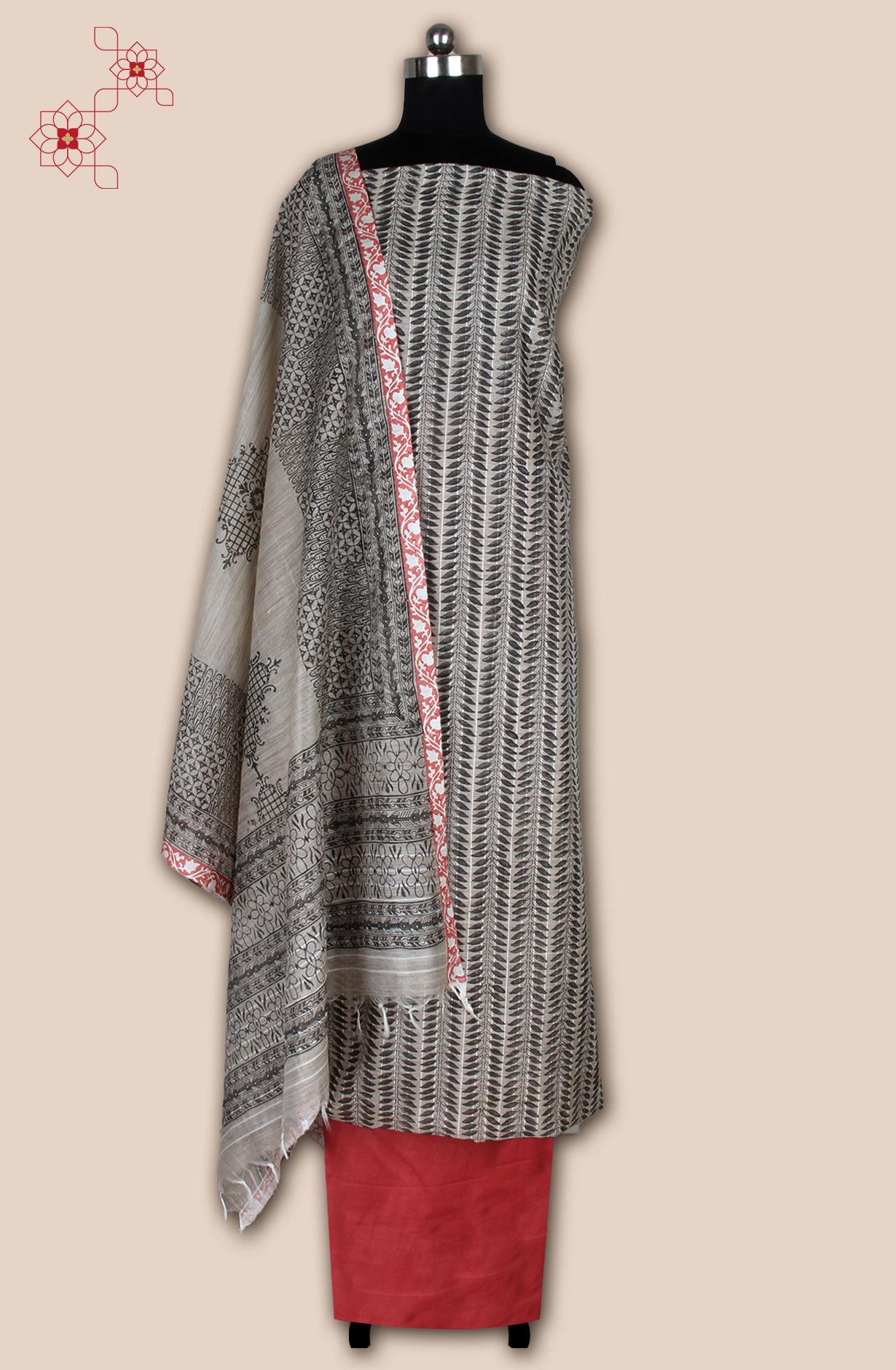 Grey and Coral Chanderi Unstitched Salwar Suit - SVACHN12357D