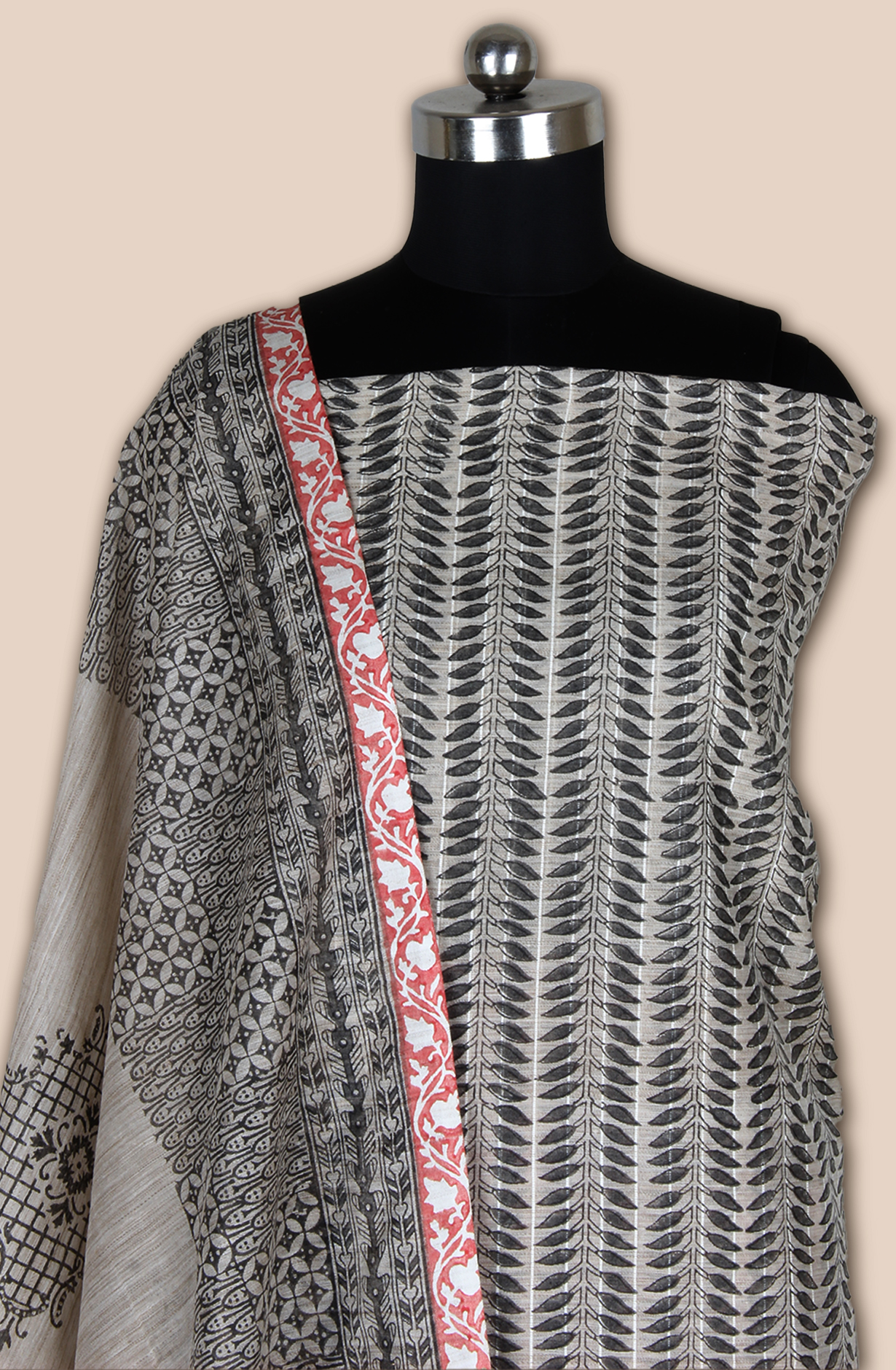 Grey and Coral Chanderi Unstitched Salwar Suit - SVACHN12357D