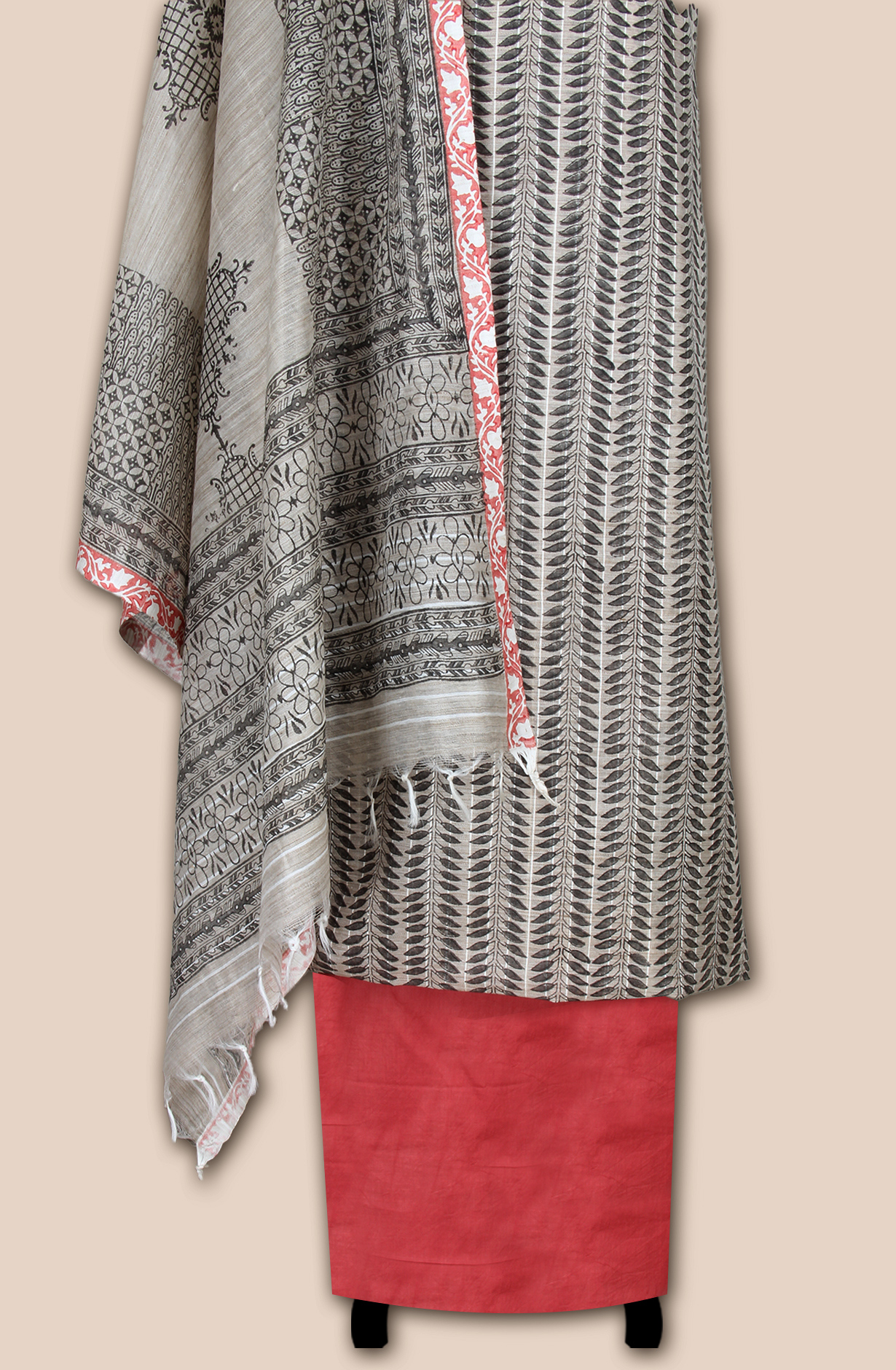 Grey and Coral Chanderi Unstitched Salwar Suit - SVACHN12357D