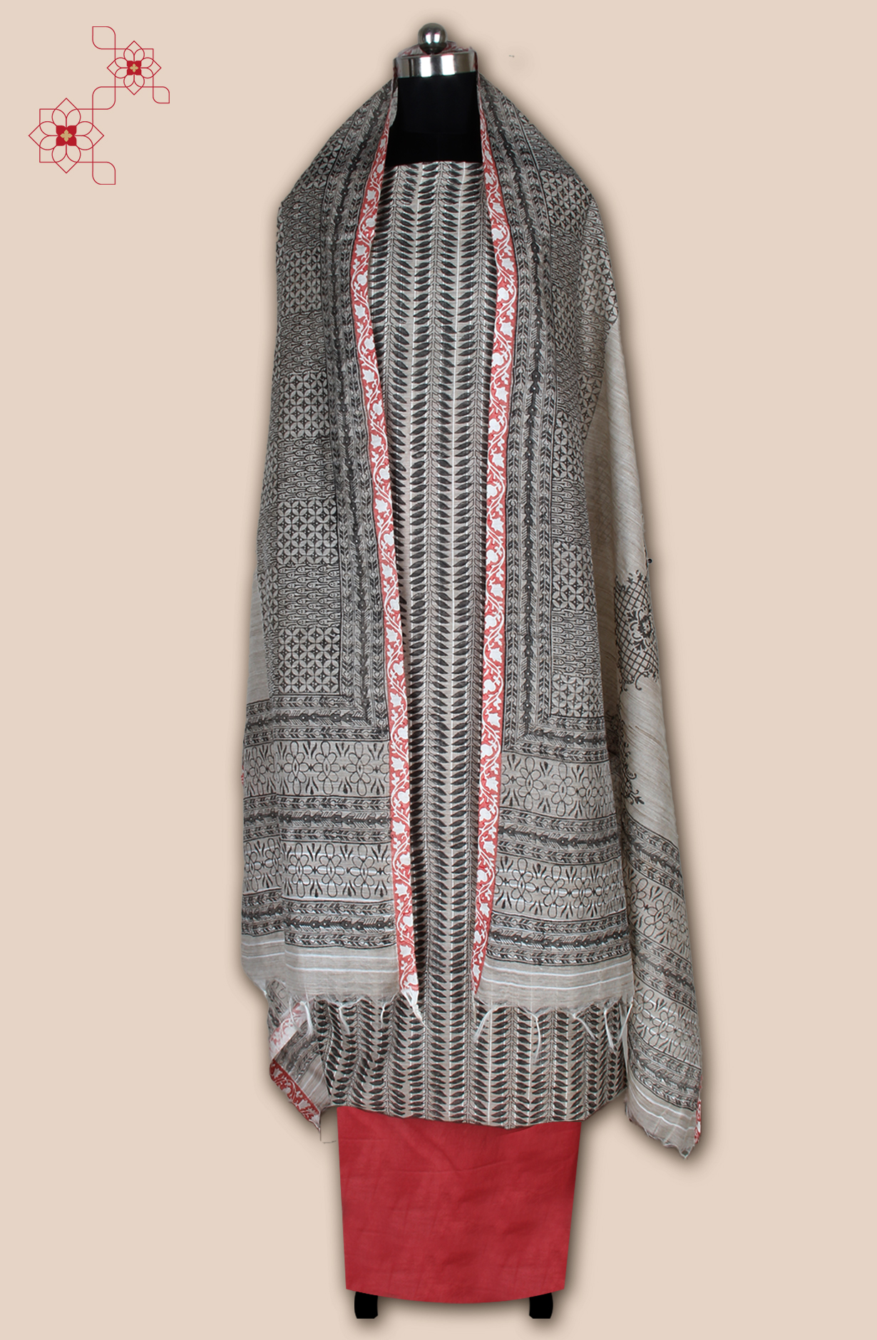 Grey and Coral Chanderi Unstitched Salwar Suit - SVACHN12357D