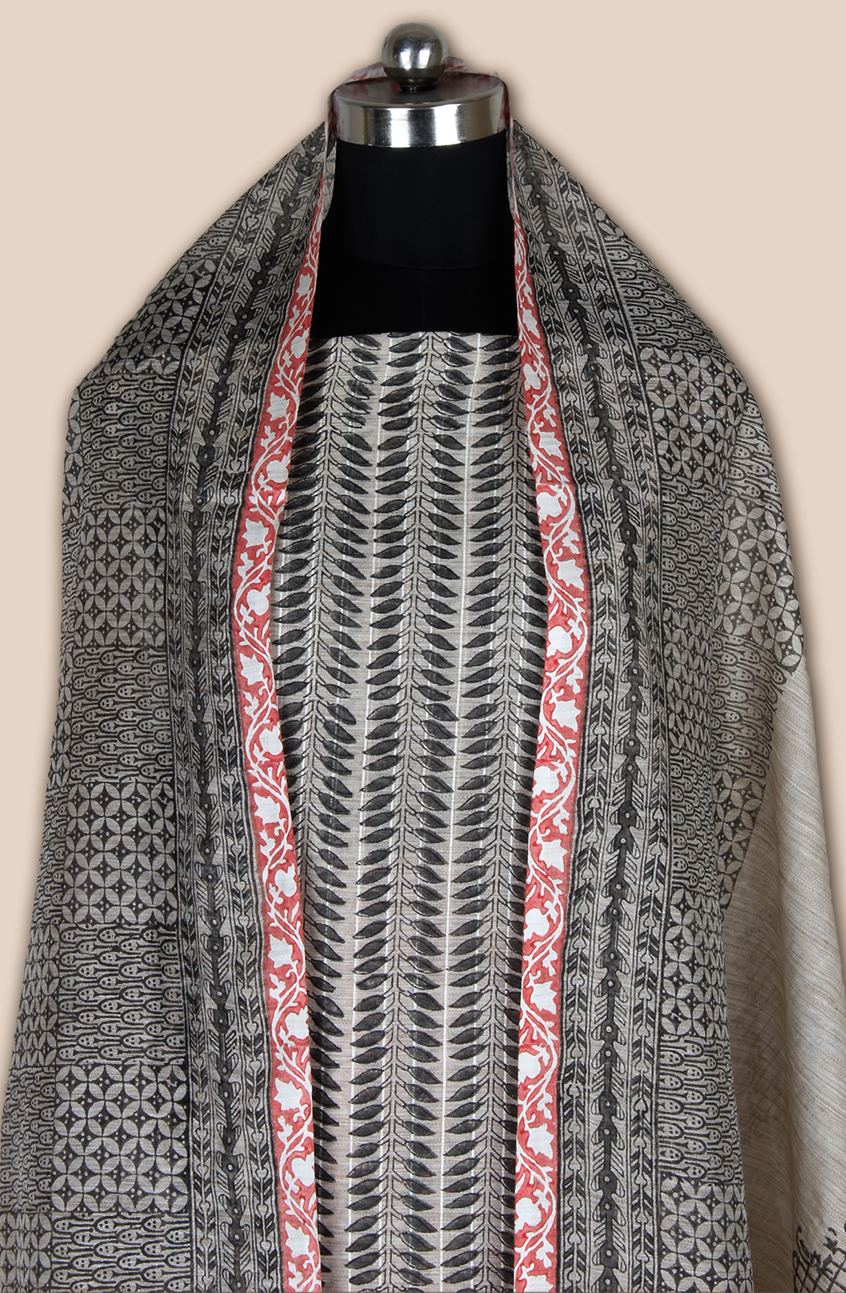 Grey and Coral Chanderi Unstitched Salwar Suit - SVACHN12357D