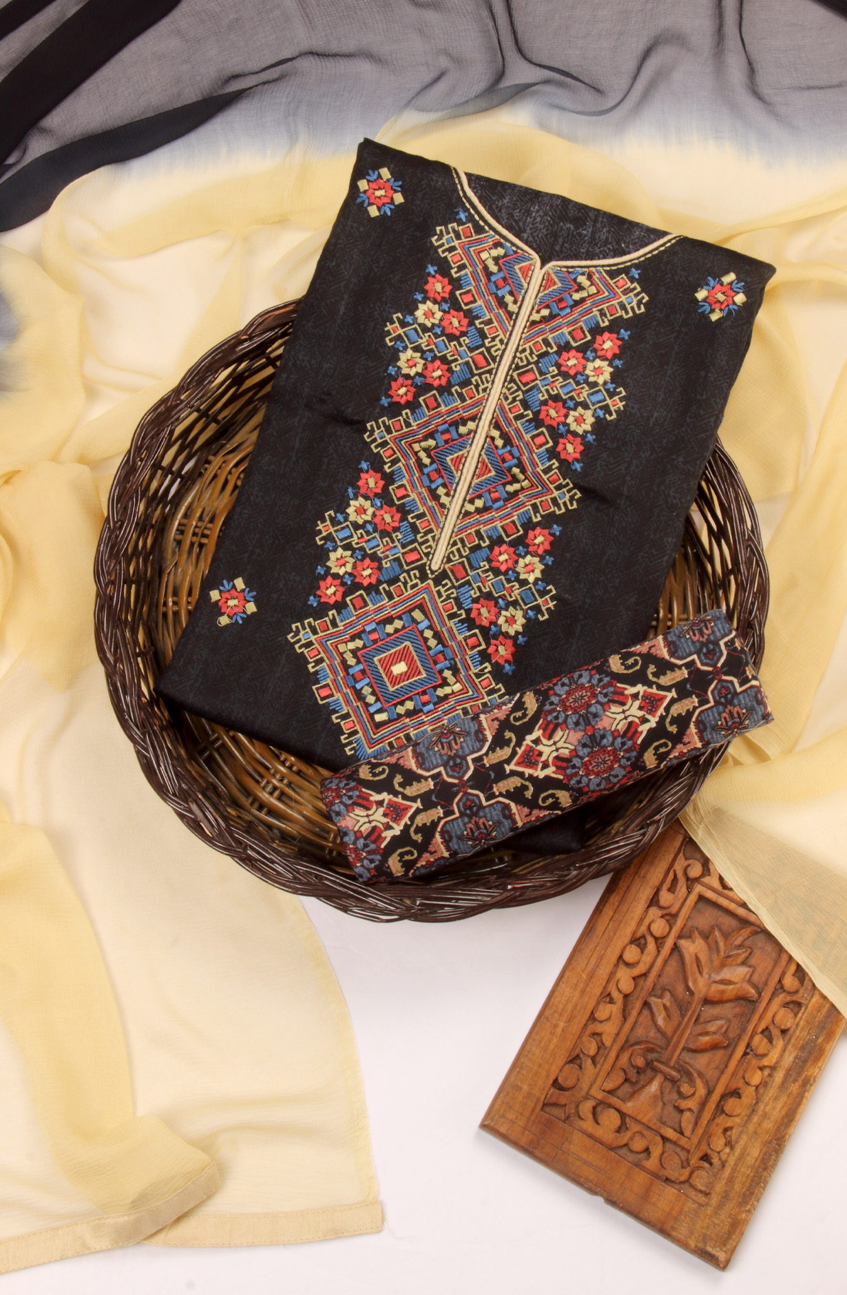 Black Cotton Unstitched Salwar Suit with Chiffon Dupatta - SVACOT1231C