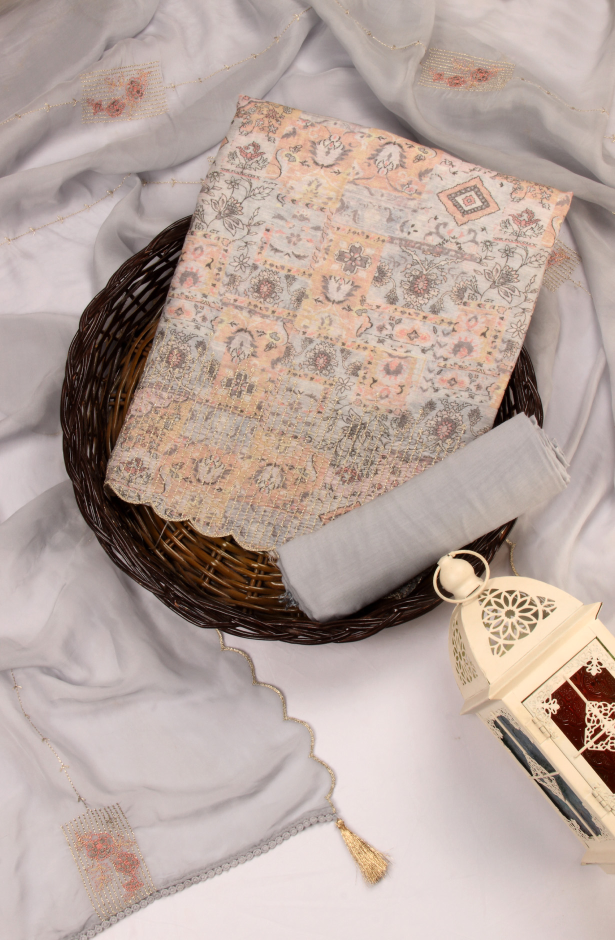 Grey Linen Beautiful Digital Printed Salwar Kameez with Organza Dupatta - SVACOT2064A