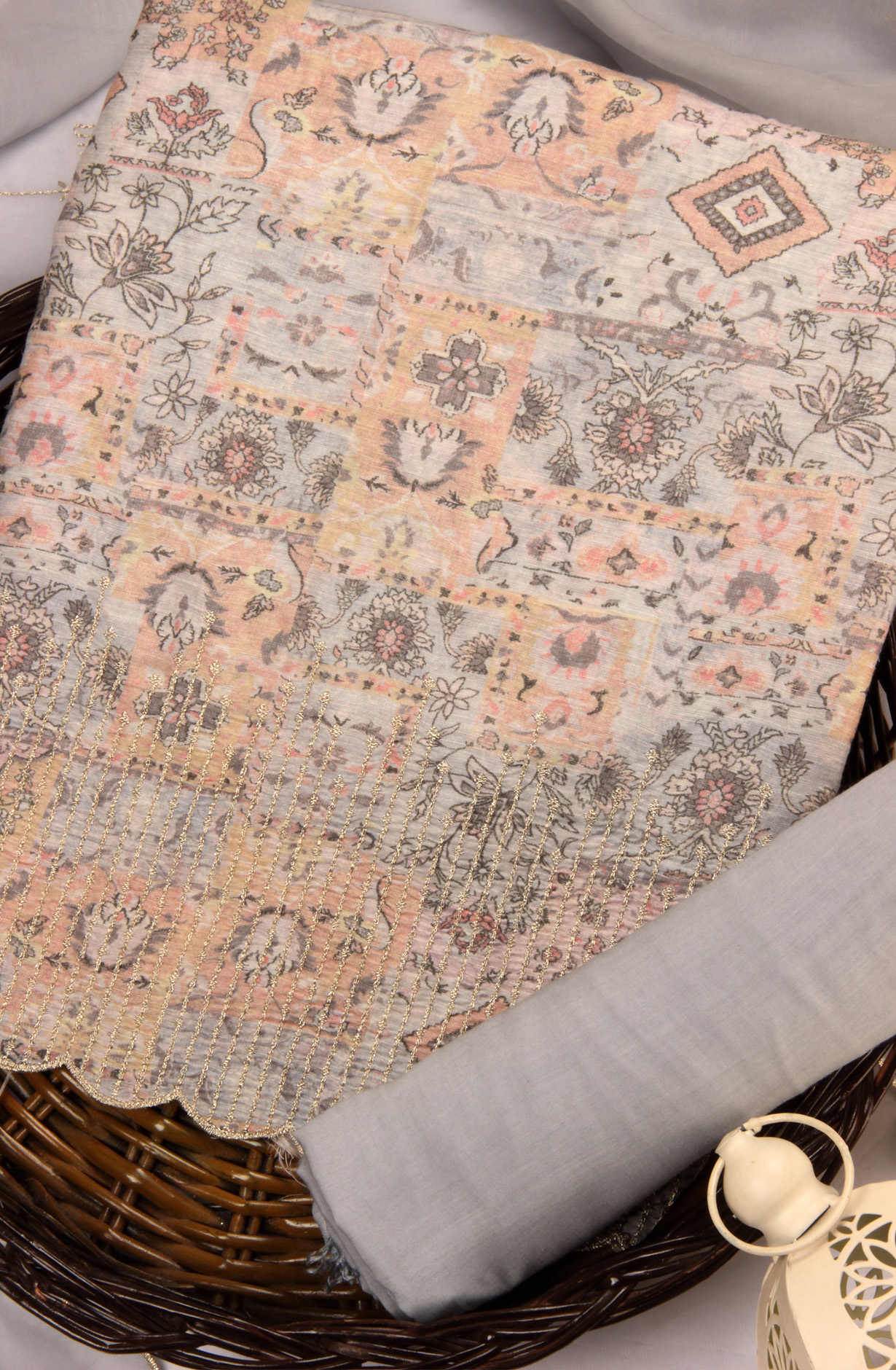 Grey Linen Beautiful Digital Printed Salwar Kameez with Organza Dupatta - SVACOT2064A