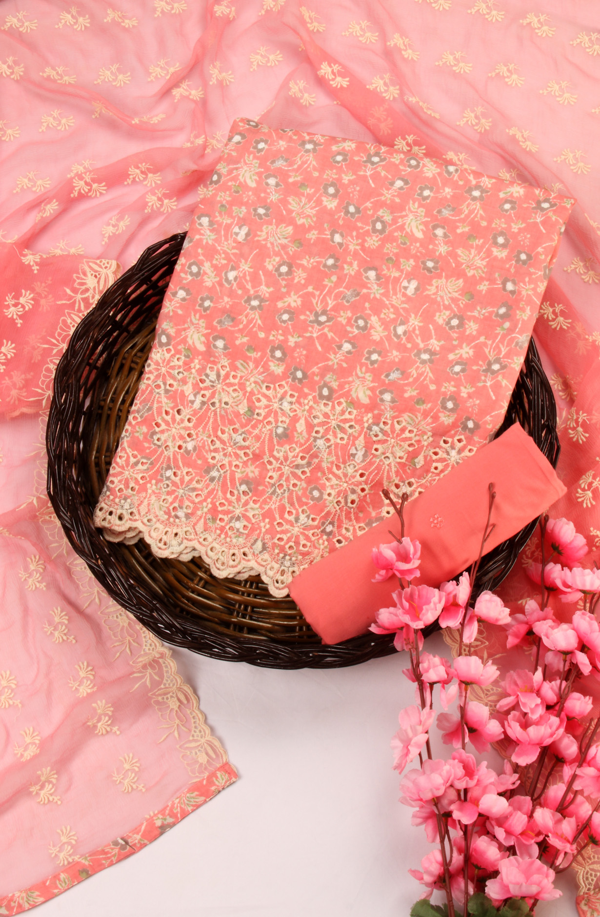 Pink Cotton Unstitched Salwar Suit with Chiffon Dupatta - SVACOT2070A