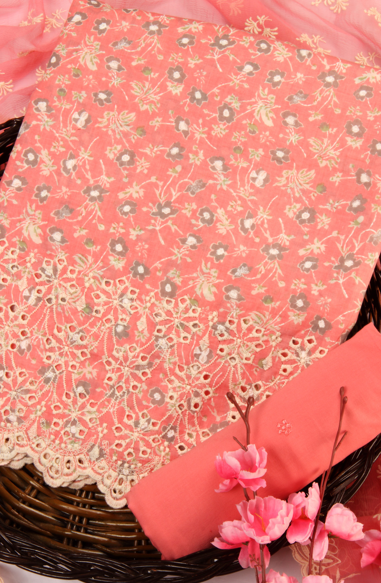 Pink Cotton Unstitched Salwar Suit with Chiffon Dupatta - SVACOT2070A