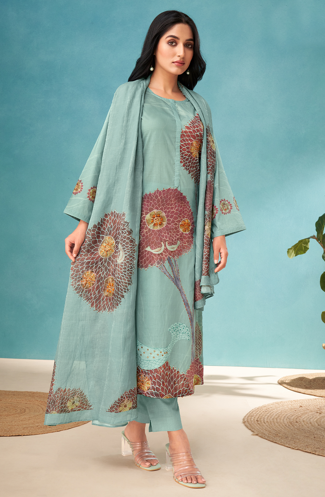 Sea Green Cotton Digital Printed Unstitched Salwar Kameez - SWA235