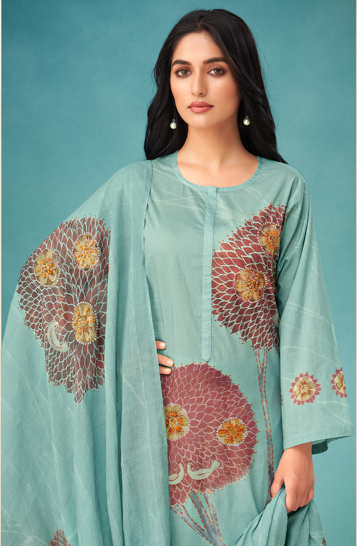 Sea Green Cotton Digital Printed Unstitched Salwar Kameez - SWA235