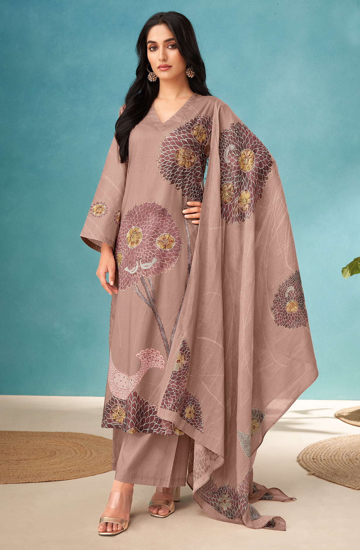 Beige Cotton Digital Printed Unstitched Salwar Kameez - SWA272