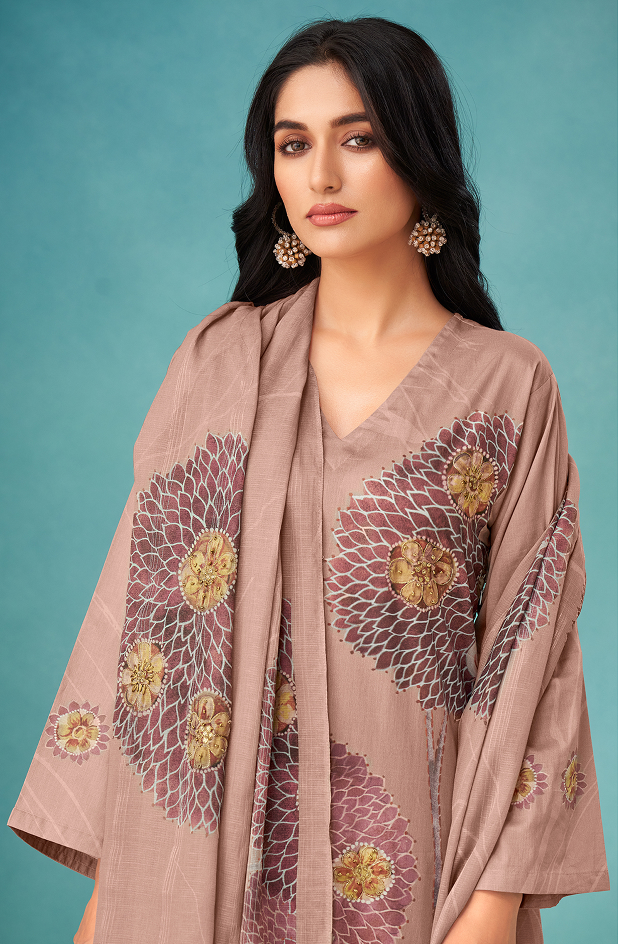 Beige Cotton Digital Printed Unstitched Salwar Kameez - SWA272