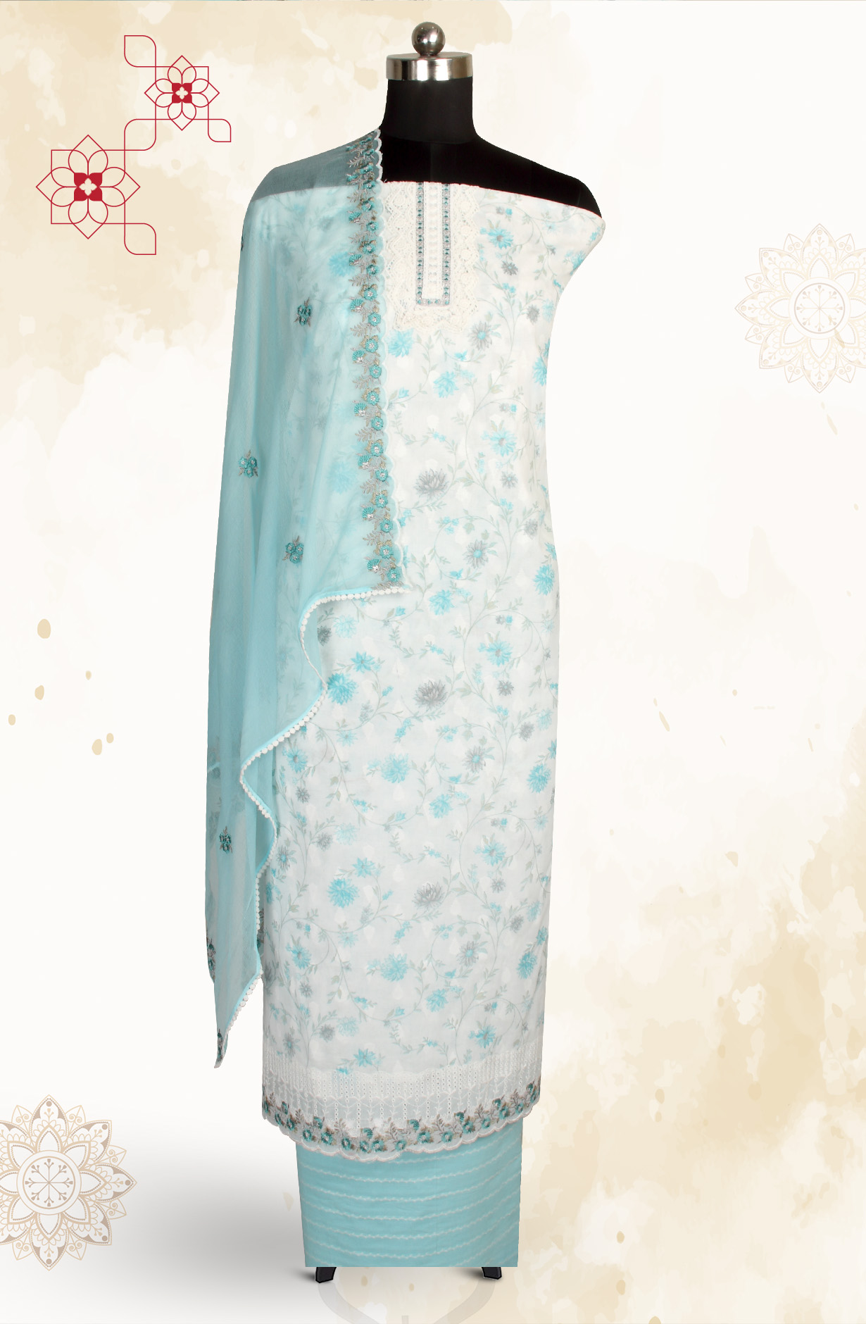 White Turquoise Pure Cotton Digital Printed Exclusive Suit-sets with Chiffon Dupatta - SWAPIM3A