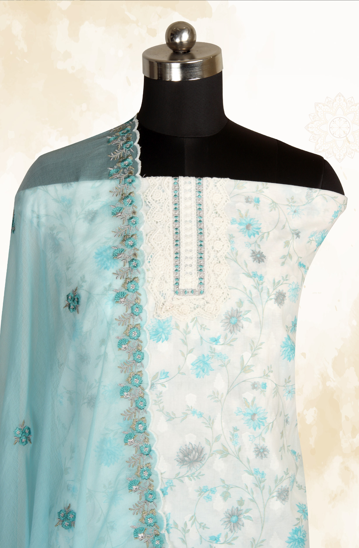 White Turquoise Pure Cotton Digital Printed Exclusive Suit-sets with Chiffon Dupatta - SWAPIM3A
