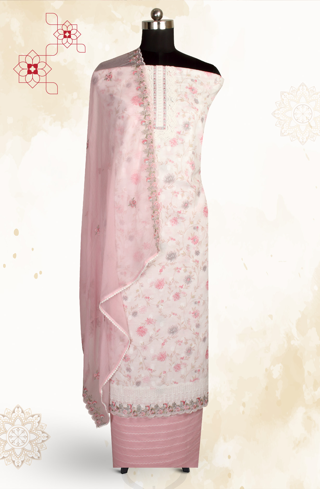 White Pink Pure Cotton Digital Printed Exclusive Suit-sets with Chiffon Dupatta - SWAPIM3B