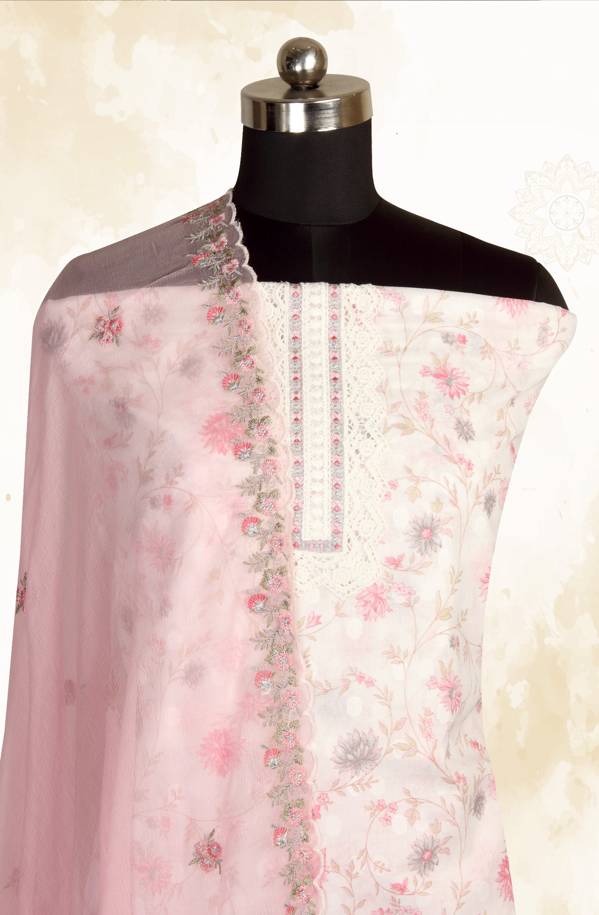 White Pink Pure Cotton Digital Printed Exclusive Suit-sets with Chiffon Dupatta - SWAPIM3B