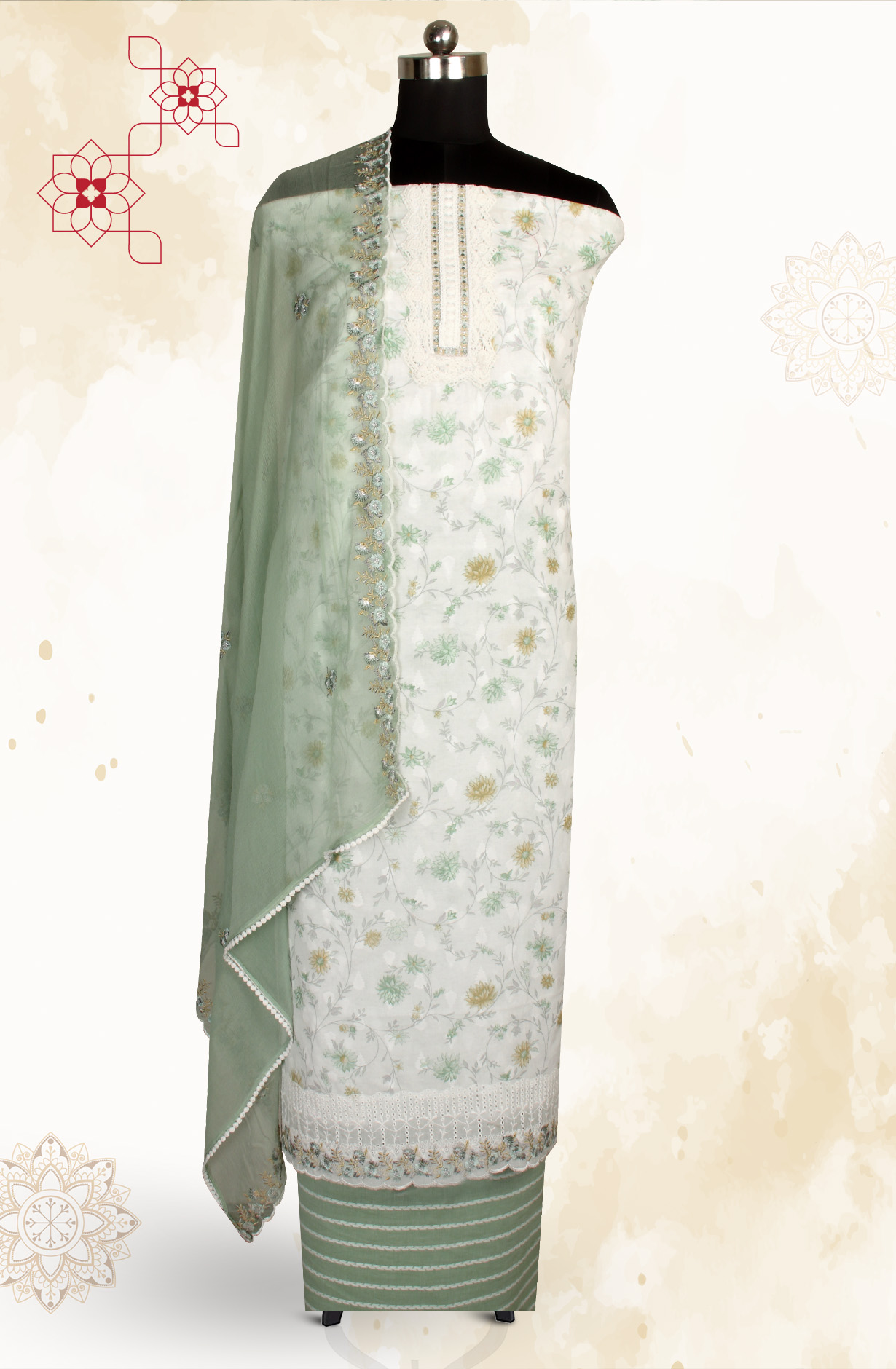 White Sea Green Pure Cotton Digital Printed Exclusive Suit-sets with Chiffon Dupatta - SWAPIM3C