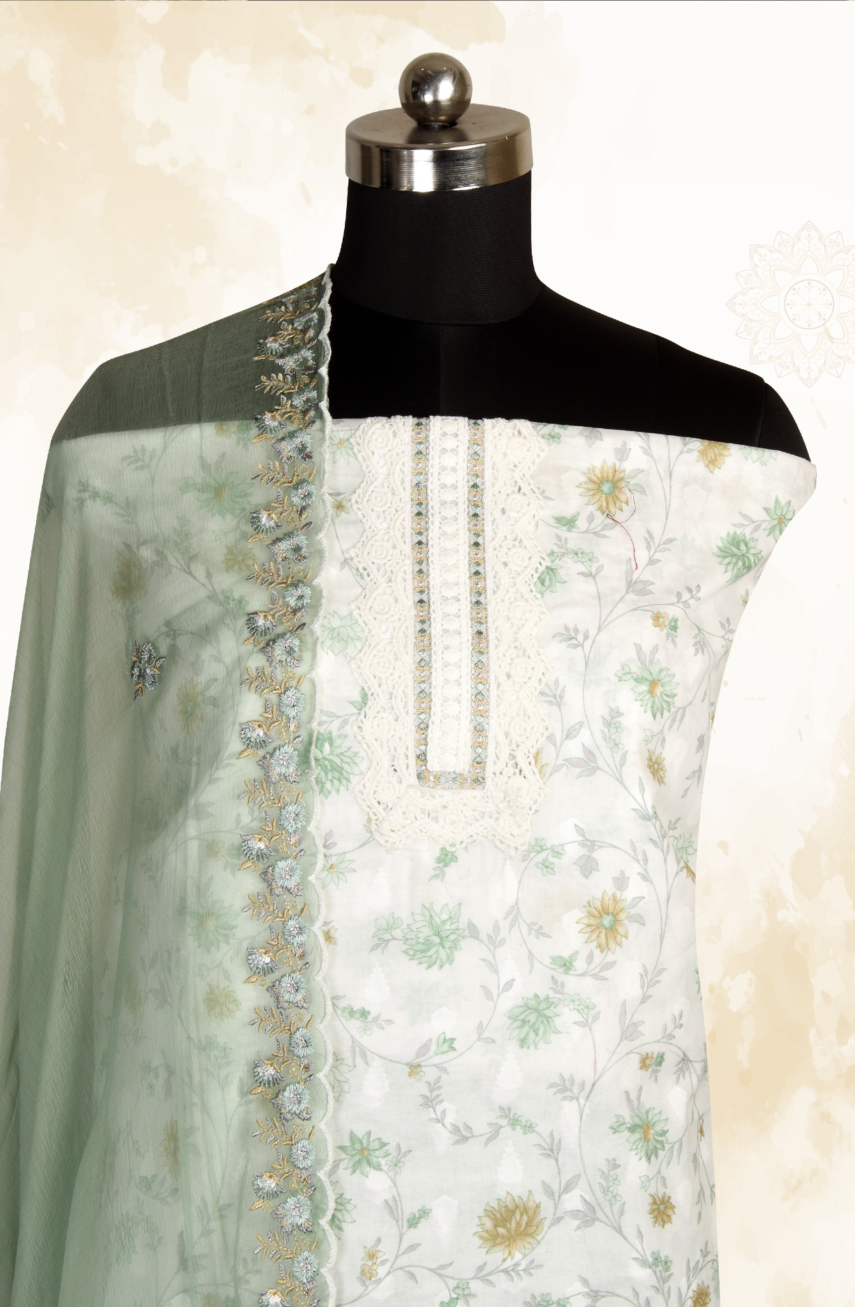 White Sea Green Pure Cotton Digital Printed Exclusive Suit-sets with Chiffon Dupatta - SWAPIM3C