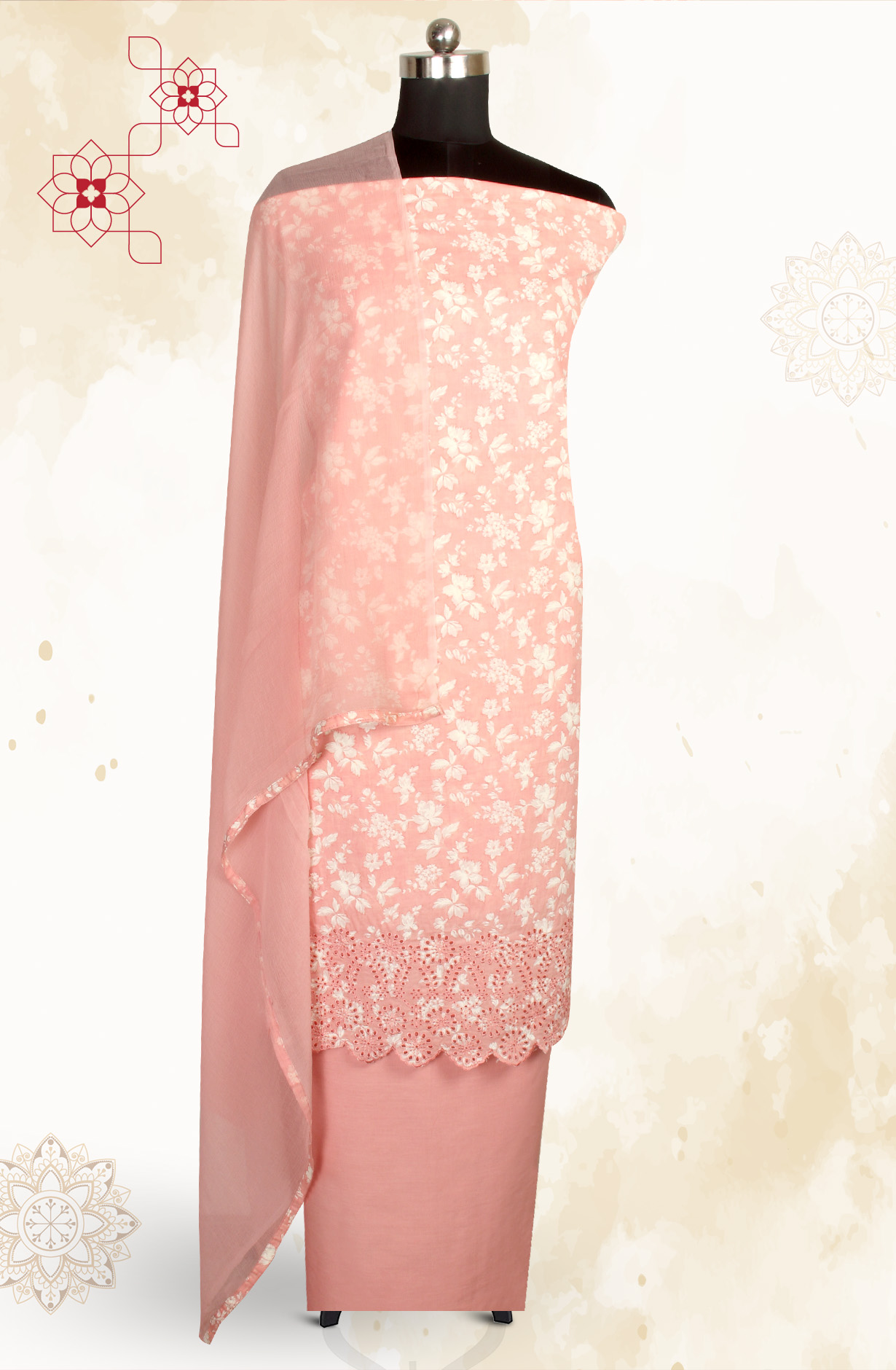 Pink Cotton Printed with Schiffli Embroidery Suit with Chiffon Dupatta - SYLNPJ3155A