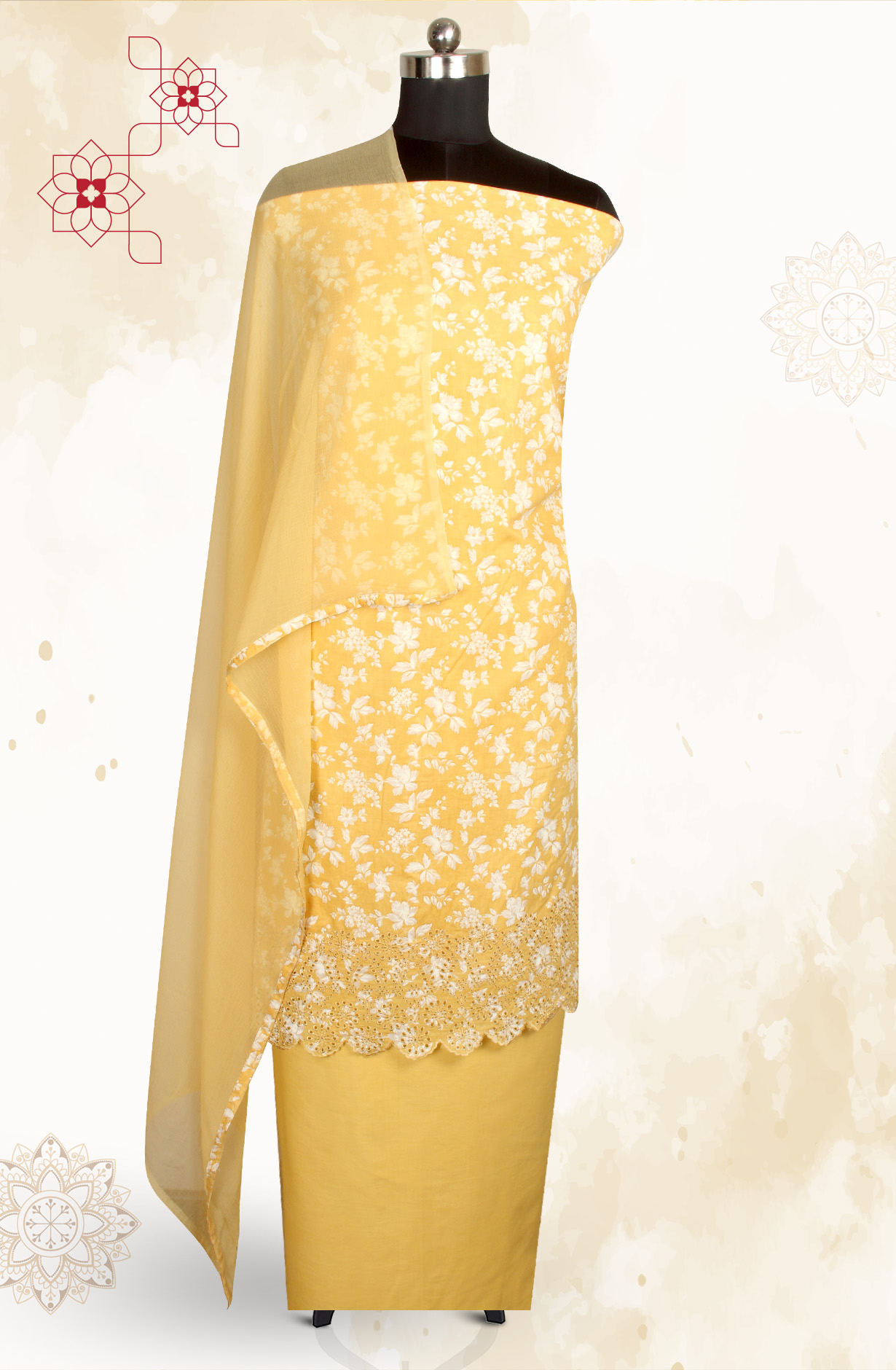 Mustard Cotton Printed with Schiffli Embroidery Suit with Chiffon Dupatta - SYLNPJ3155B