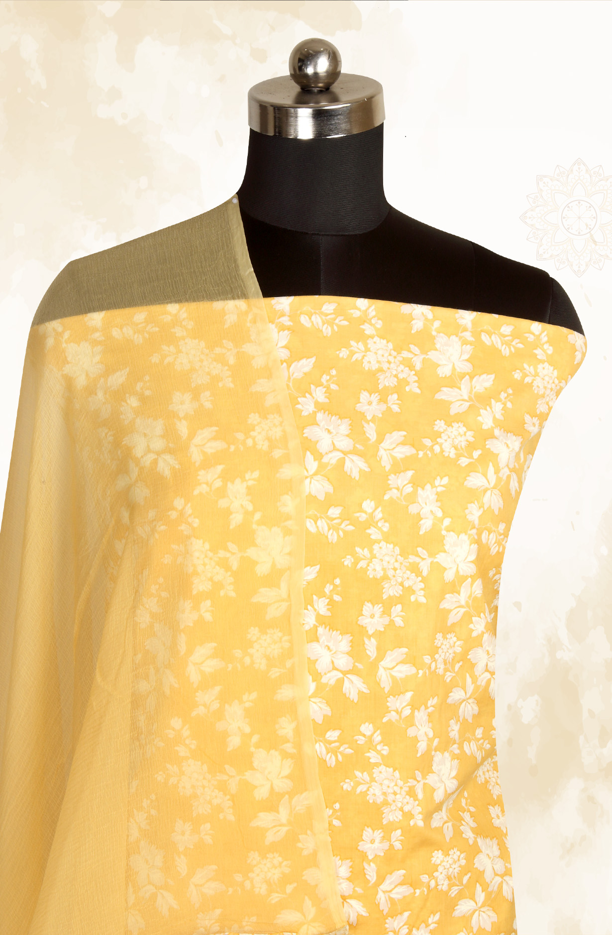 Mustard Cotton Printed with Schiffli Embroidery Suit with Chiffon Dupatta - SYLNPJ3155B