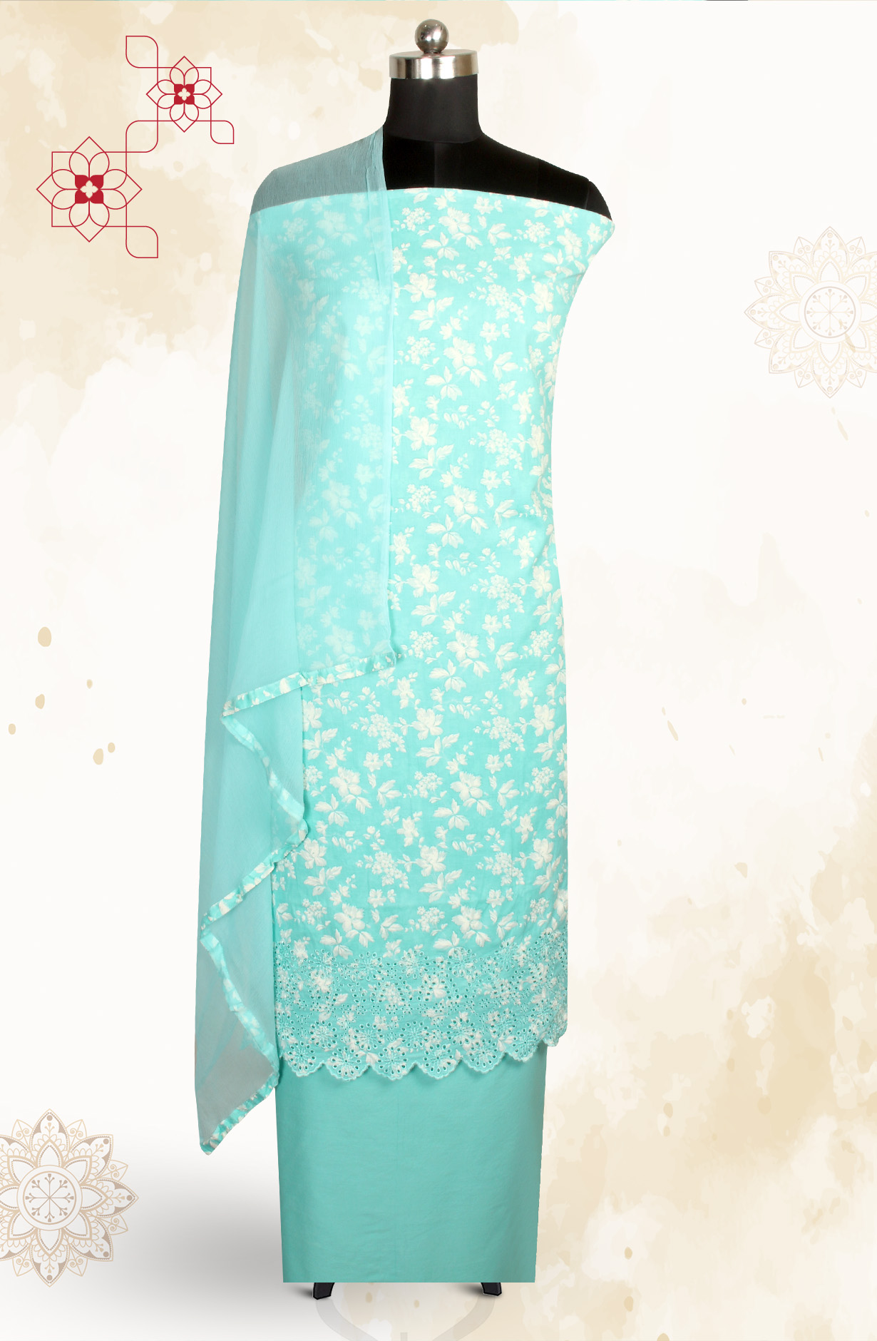 Turquoise Cotton Printed with Schiffli Embroidery Suit with Chiffon Dupatta - SYLNPJ3155C