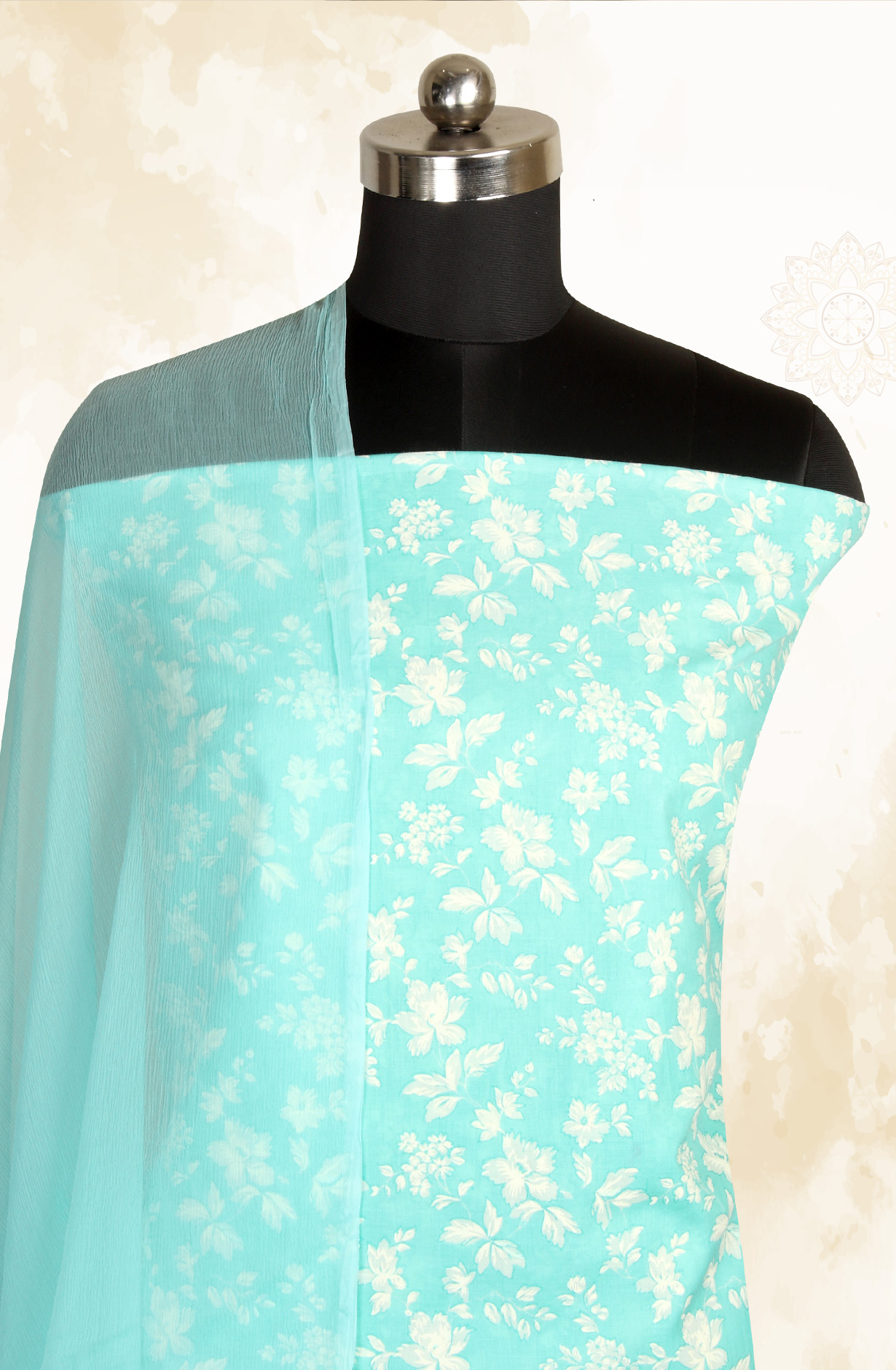 Turquoise Cotton Printed with Schiffli Embroidery Suit with Chiffon Dupatta - SYLNPJ3155C