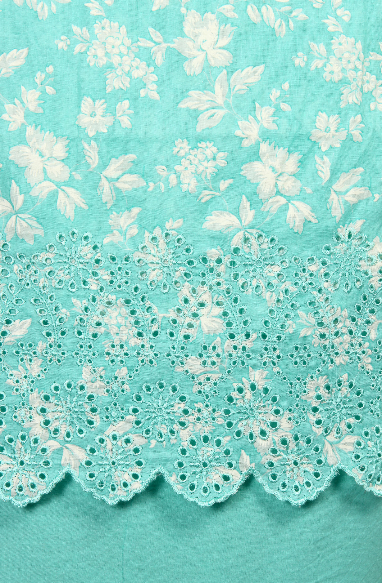 Turquoise Cotton Printed with Schiffli Embroidery Suit with Chiffon Dupatta - SYLNPJ3155C