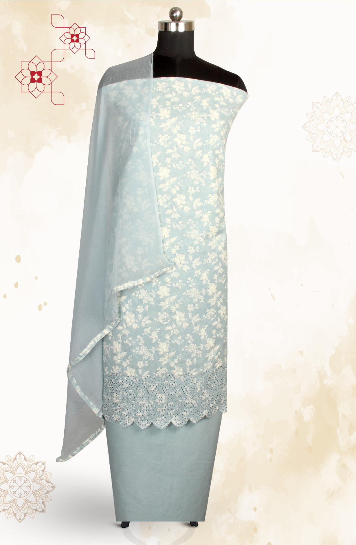 Grey Cotton Printed with Schiffli Embroidery Suit with Chiffon Dupatta - SYLNPJ3155D