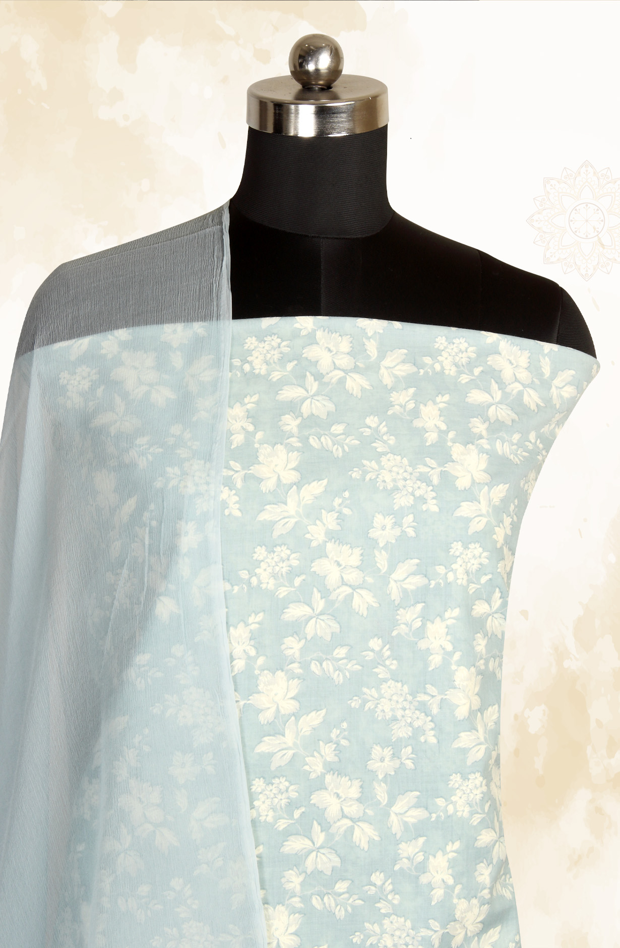 Grey Cotton Printed with Schiffli Embroidery Suit with Chiffon Dupatta - SYLNPJ3155D
