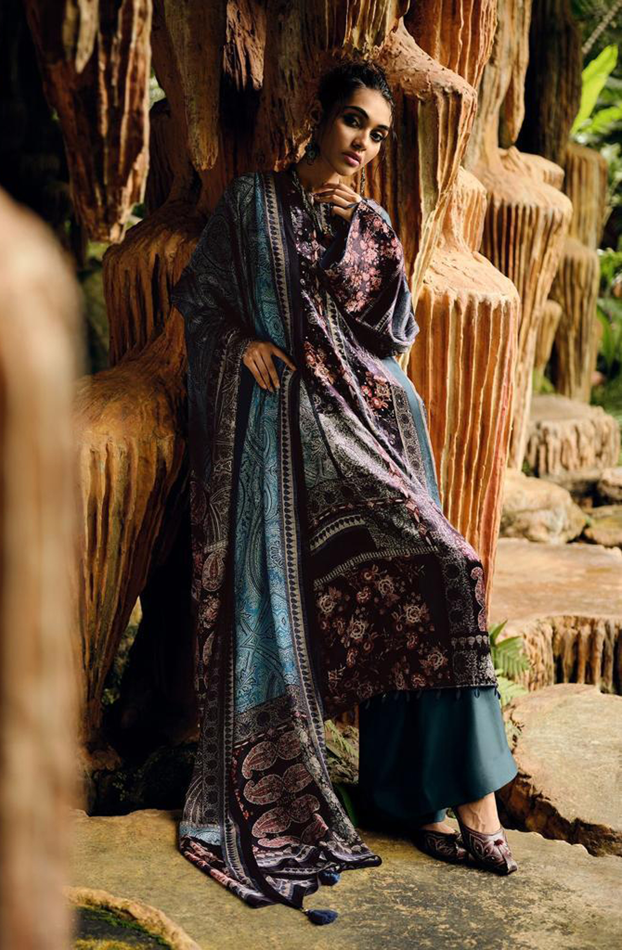 Teal and Multi Velvet Designer Unstitched Salwar Kameez - SYM01