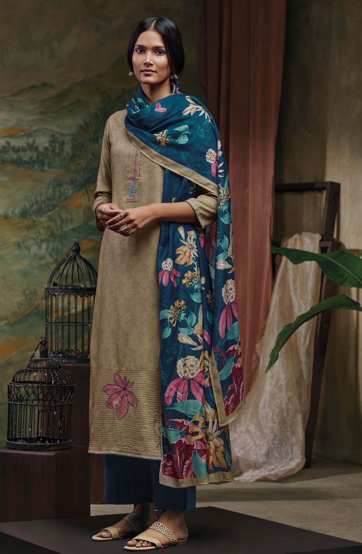 Beige Spun Winterwear Unstitched Salwar Suit-set with Chinon Dupatta - SYMC1262