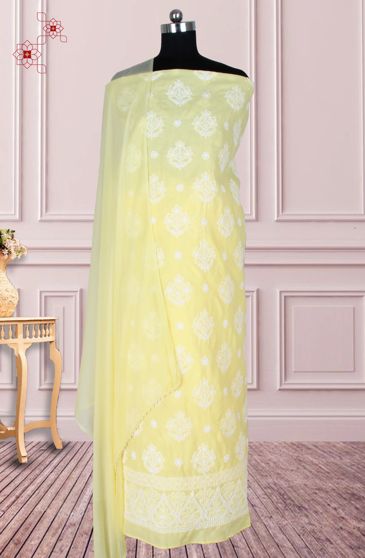 Yellow Cotton Beautiful Chikankari Embroidered Suit with Chiffon Dupatta - SUMCOT1290A