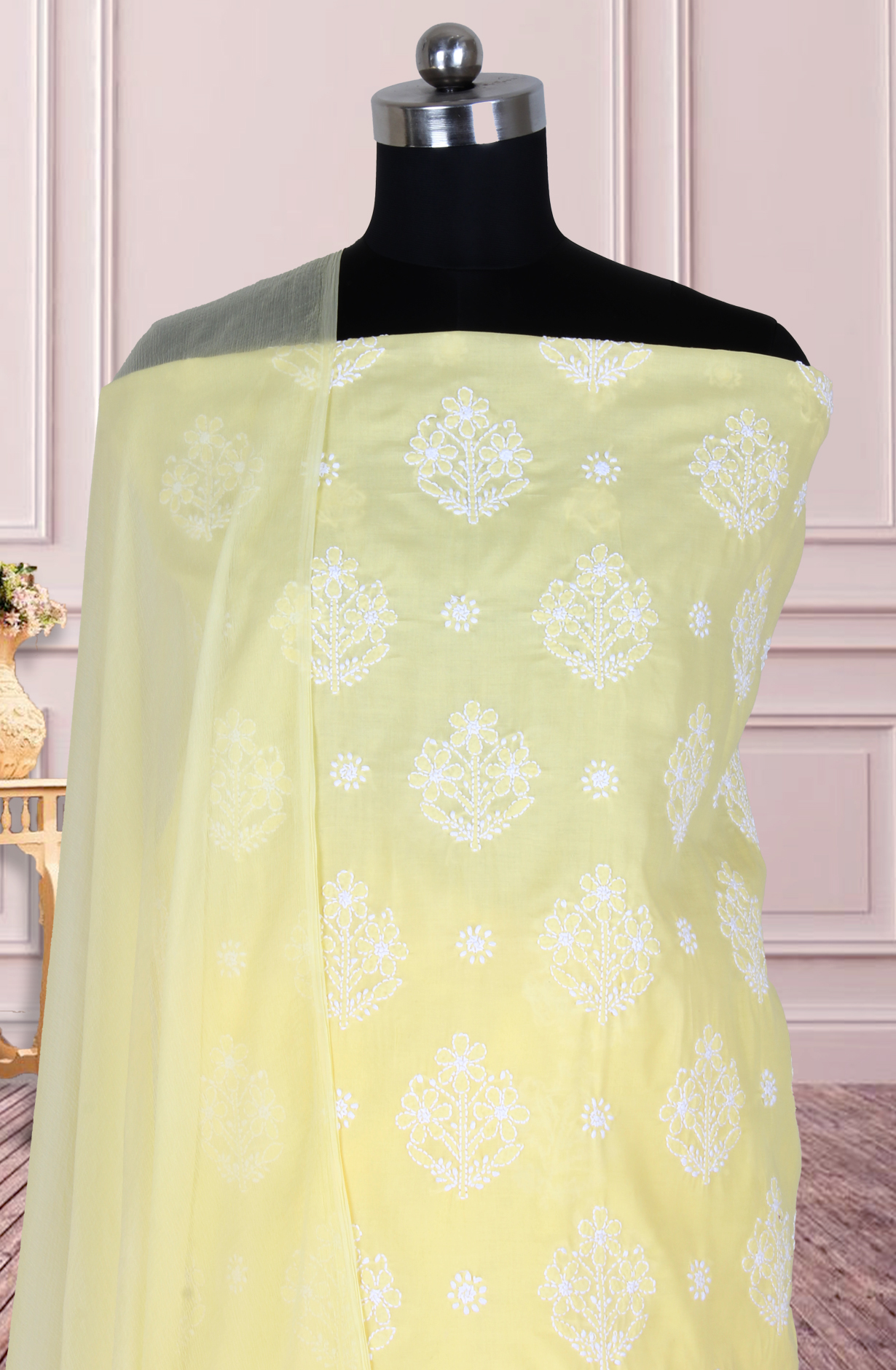 Yellow Cotton Beautiful Chikankari Embroidered Suit with Chiffon Dupatta - SUMCOT1290A