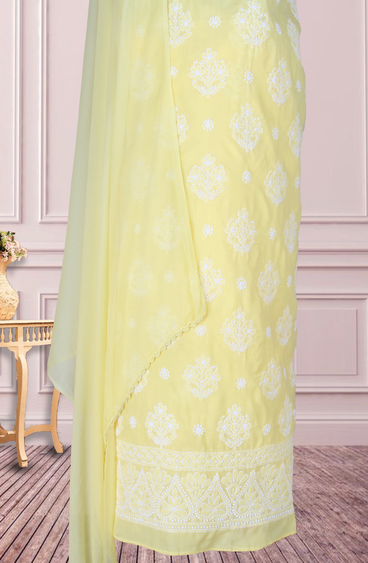 Yellow Cotton Beautiful Chikankari Embroidered Suit with Chiffon Dupatta - SUMCOT1290A