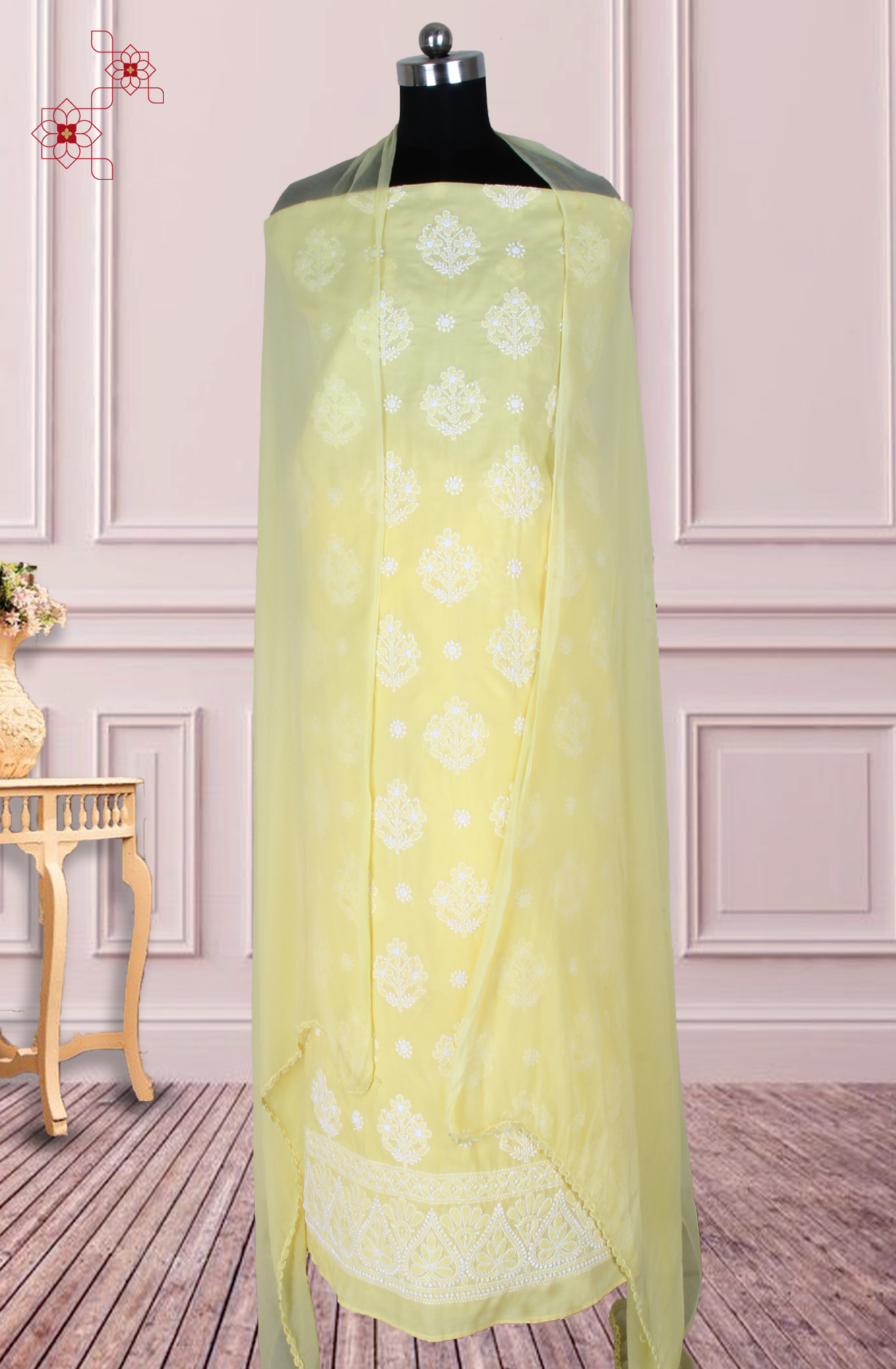 Yellow Cotton Beautiful Chikankari Embroidered Suit with Chiffon Dupatta - SUMCOT1290A