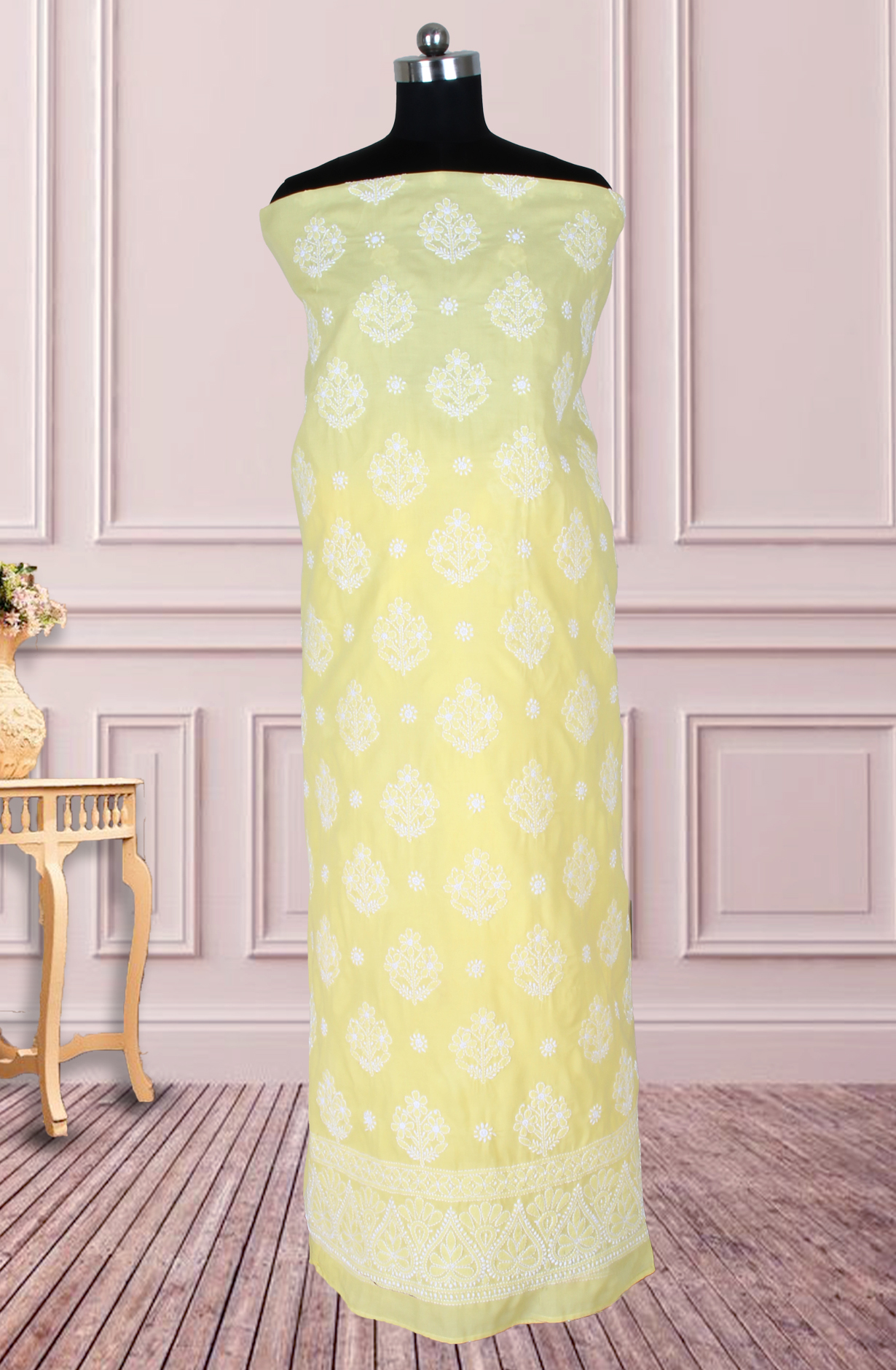 Yellow Cotton Beautiful Chikankari Embroidered Suit with Chiffon Dupatta - SUMCOT1290A