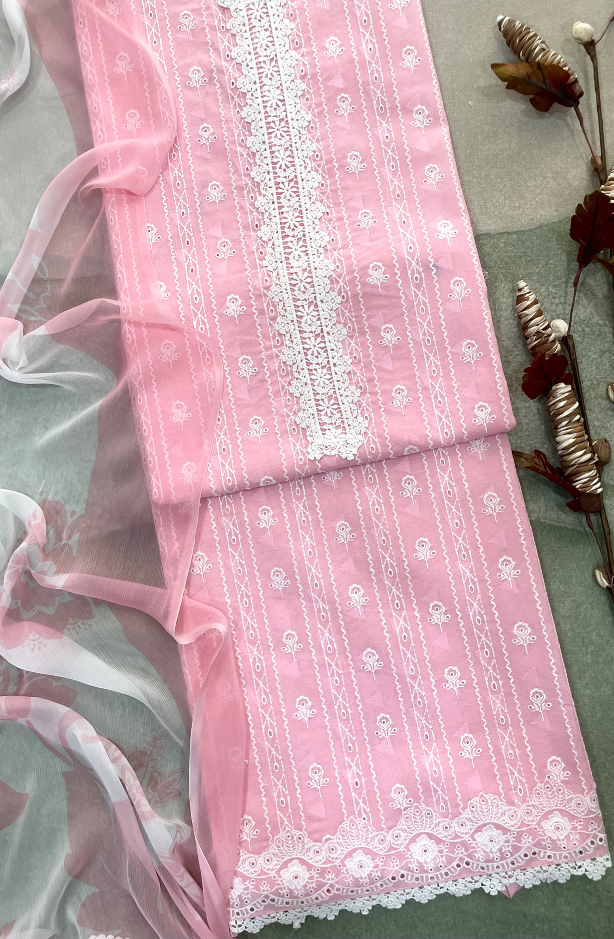 Pink Cotton Suit set with Embroidery and lace work and Chiffon Dupatta - TAG2501A