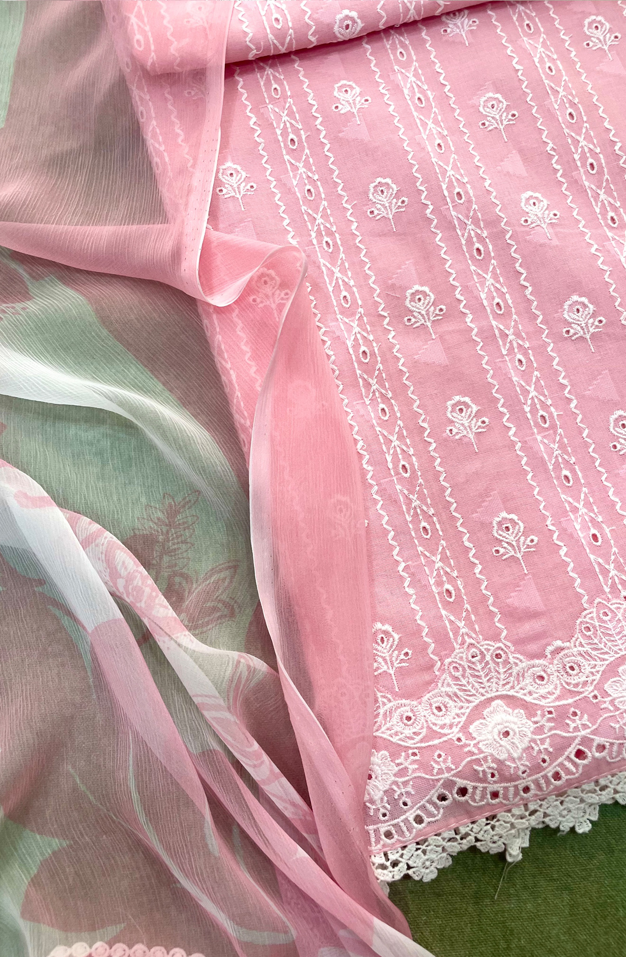 Pink Cotton Suit set with Embroidery and lace work and Chiffon Dupatta - TAG2501A