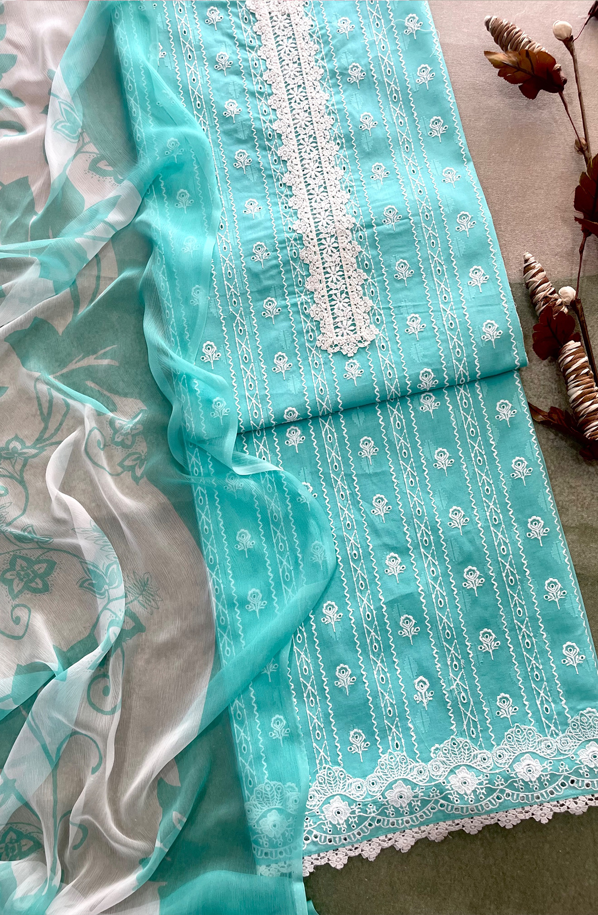 Sea Green Cotton Suit set with Embroidery and lace work and Chiffon Dupatta - TAG2501B
