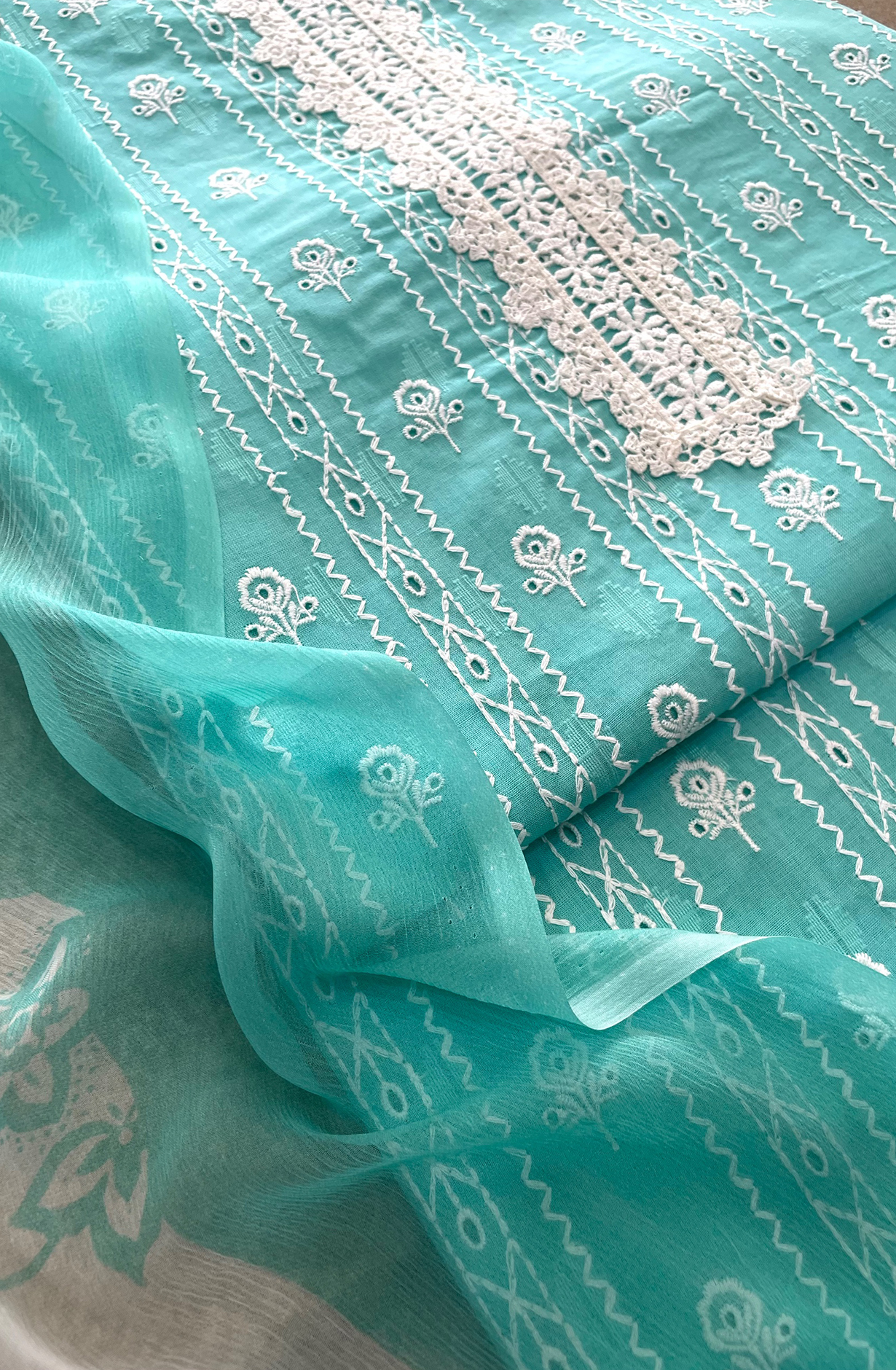 Sea Green Cotton Suit set with Embroidery and lace work and Chiffon Dupatta - TAG2501B